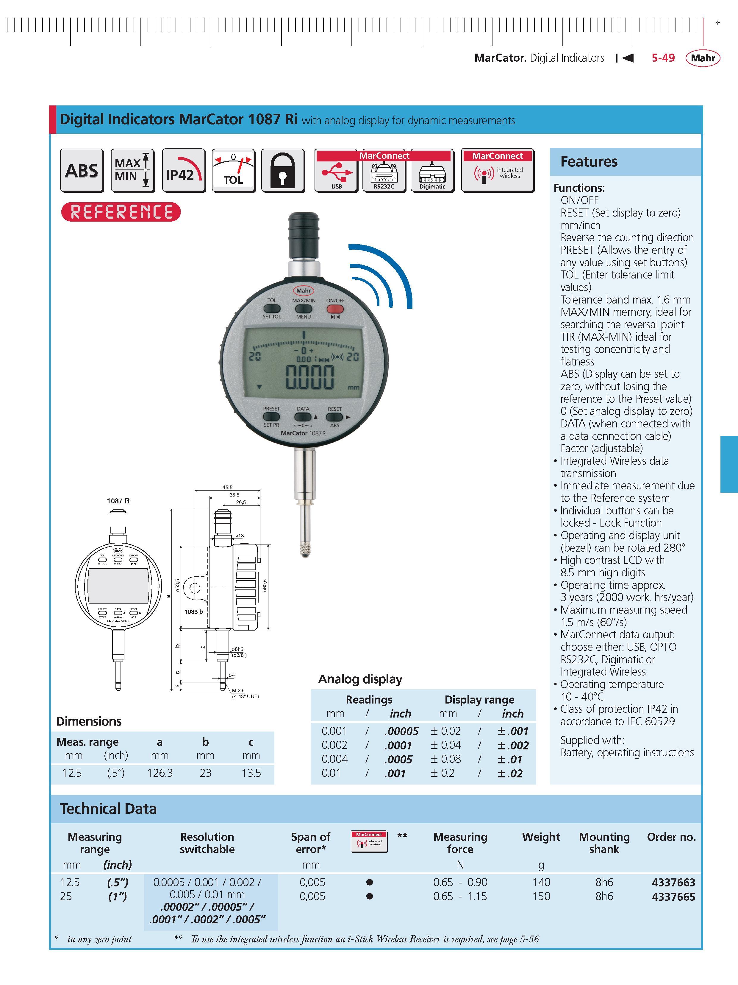 187 MarCator Digital Indicators M 5-49 Mahr Digital Indicators MarCator 1087 Ri with analog display for dynamic measurements TOL a r MarConnect Dig Каталог MAHR 2014 Измерительные инструменты приборы и оборудование для линейно-угловых измерений в машиностроении Стр. 5-49 ENG
