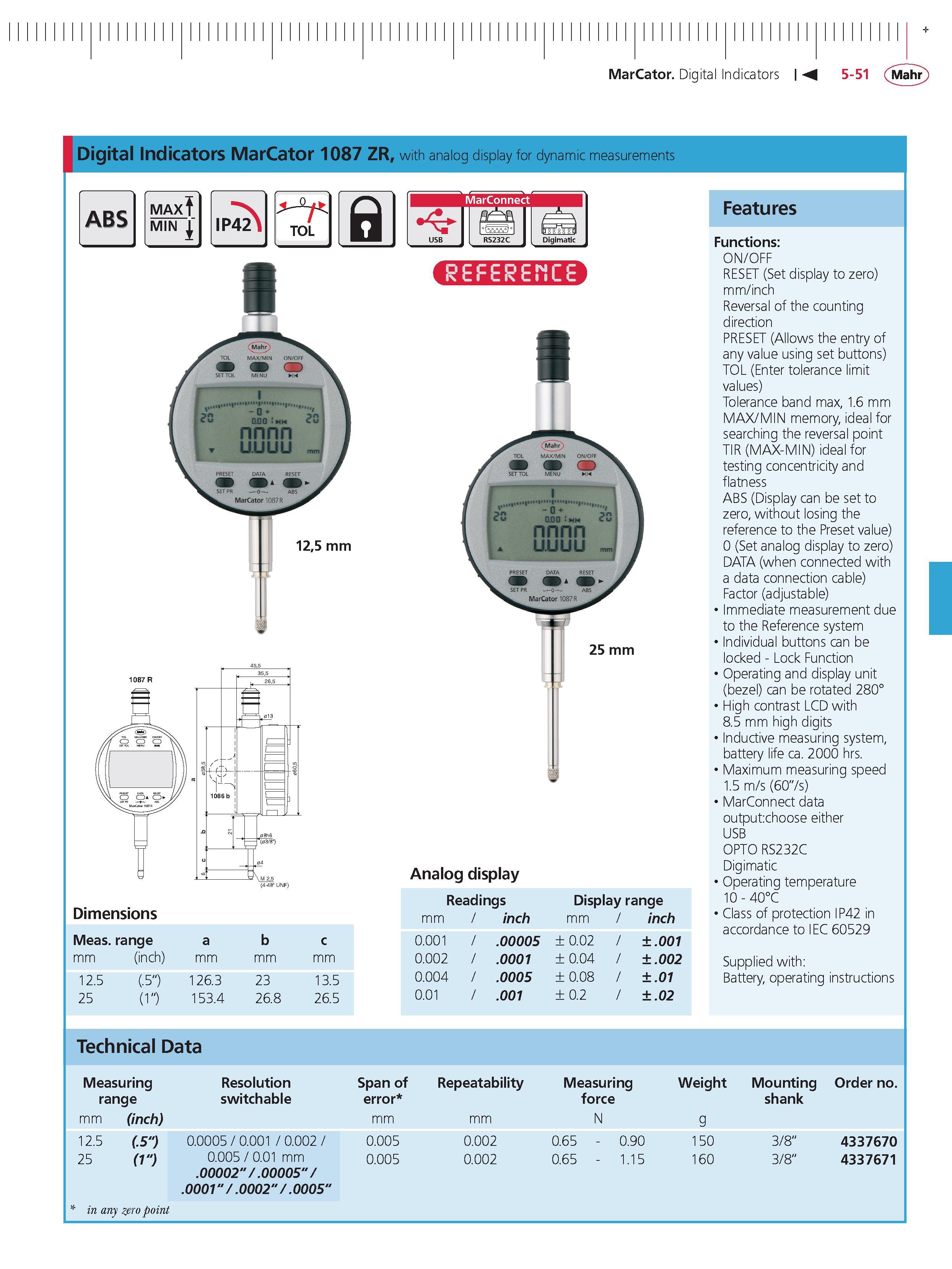 189 MarCator Digital Indicators M 5-51 Mahr Digital Indicators MarCator 1087 ZR with analog display for dynamic measurements ABS MAX MIN IP42 TOL a Каталог MAHR 2014 Измерительные инструменты приборы и оборудование для линейно-угловых измерений в машиностроении Стр. 5-51 ENG