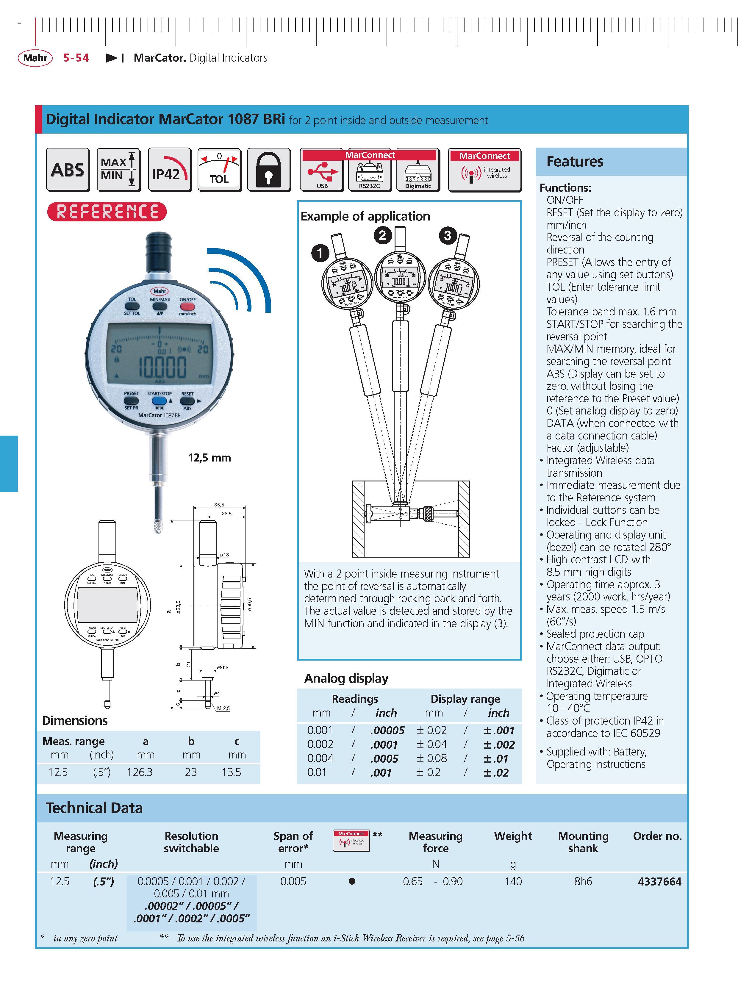 192 Mahr 5-54 MarCator Digital Indicators Digital Indicator MarCator 1087 BRi for 2 point inside and outside measurement ABS MAX MIN i IP42 TOL a - Каталог MAHR 2014 Измерительные инструменты приборы и оборудование для линейно-угловых измерений в машиностроении Стр. 5-54 ENG