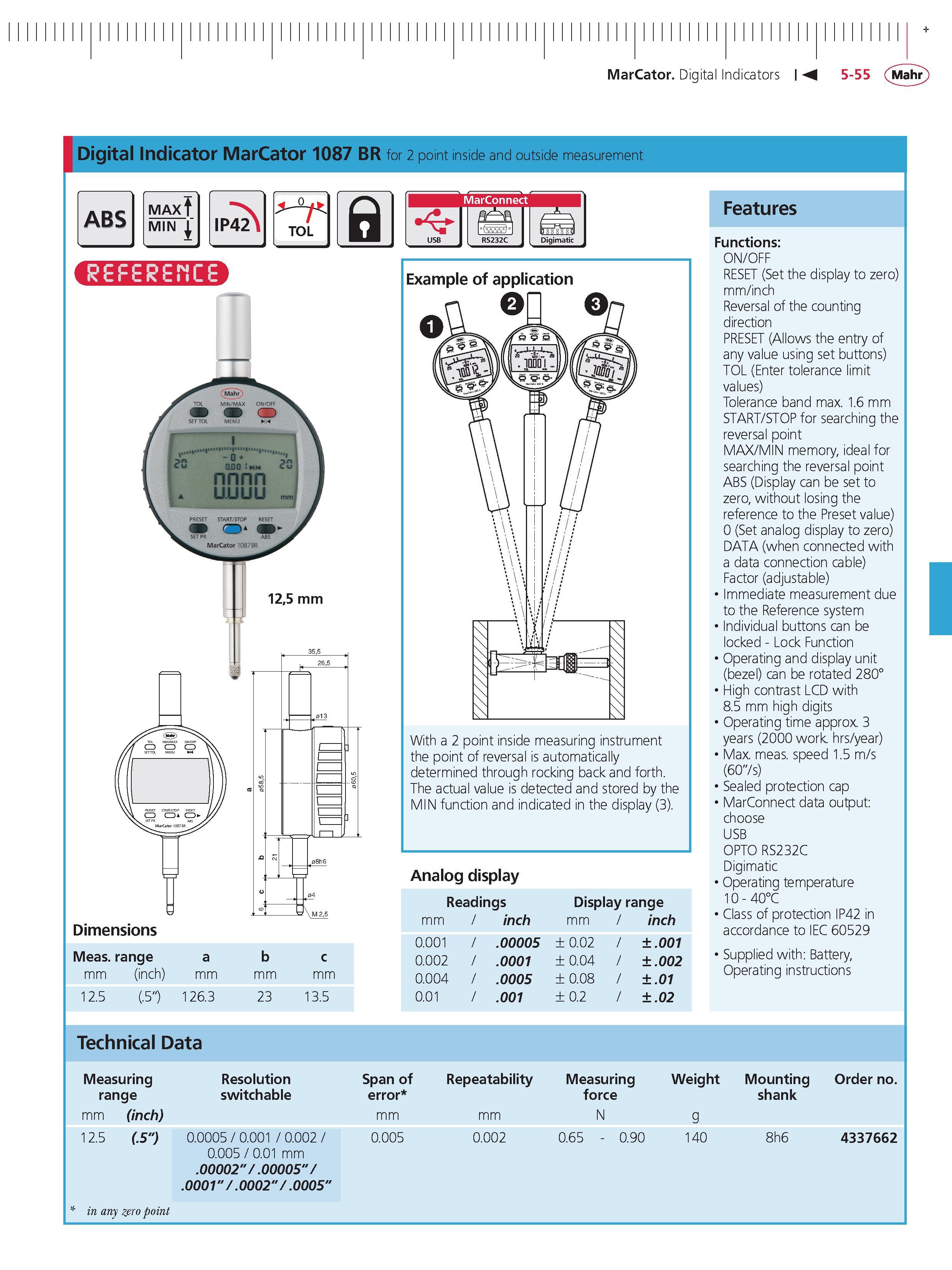 193 MarCator Digital Indicators M 5-55 Mahr Digital Indicator MarCator 1087 BR for 2 point inside and outside measurement ABS MAX MIN i IP42 TOL a Каталог MAHR 2014 Измерительные инструменты приборы и оборудование для линейно-угловых измерений в машиностроении Стр. 5-55 ENG