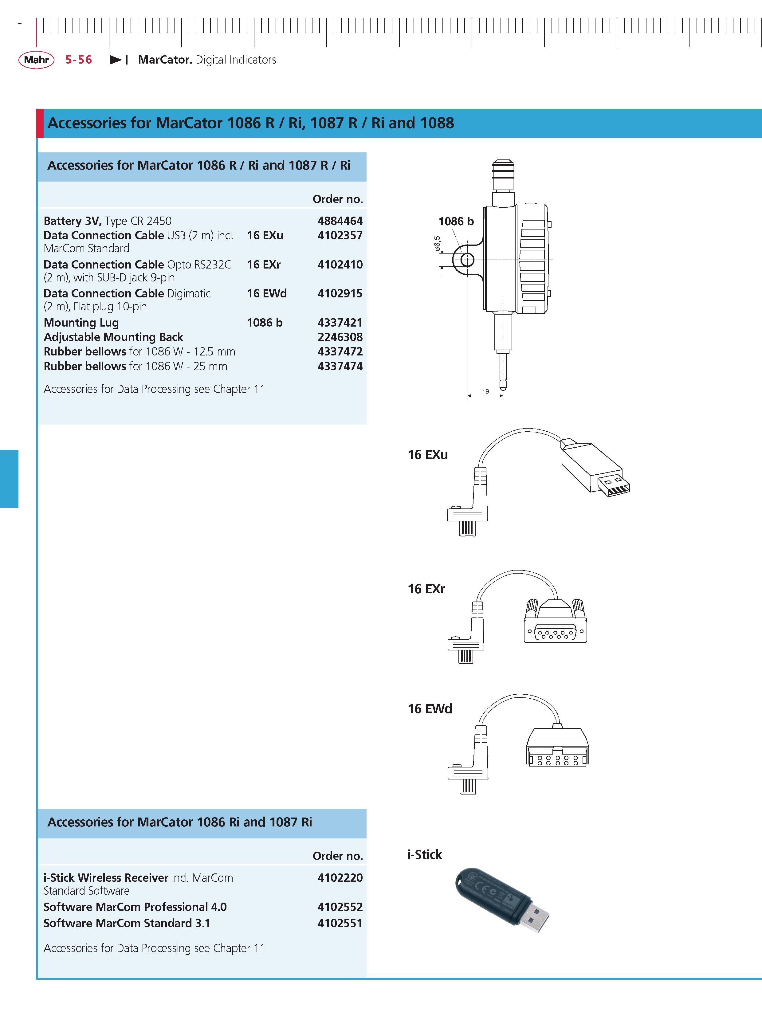 194 Mahr 5-56 MarCator Digital Indicators Accessories for MarCator 1086 R Ri 1087 R Ri and 1088 Accessories for MarCator 1086 R ri and 1087 R ri or Каталог MAHR 2014 Измерительные инструменты приборы и оборудование для линейно-угловых измерений в машиностроении Стр. 5-56 ENG