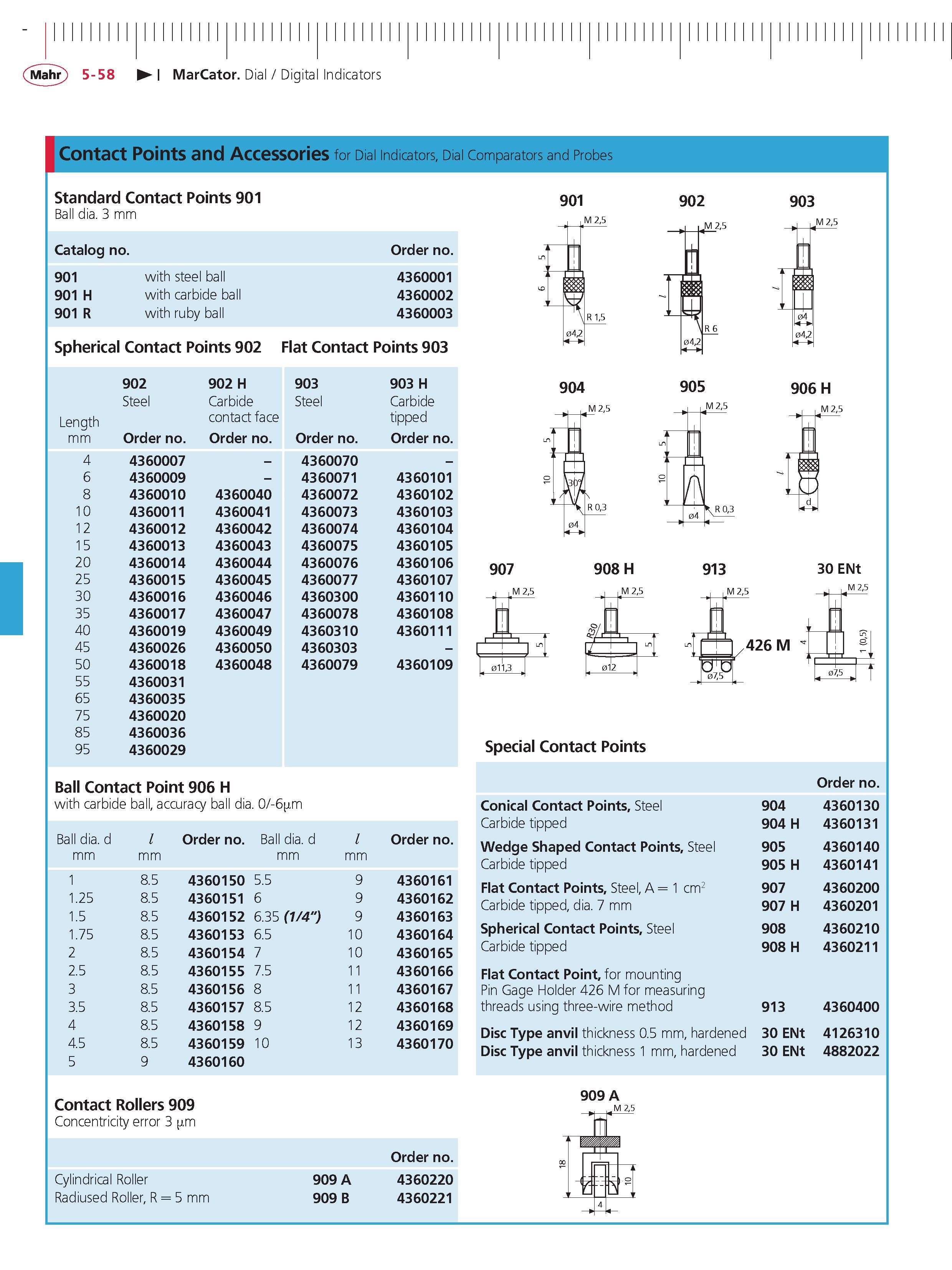 196 Mahr 5-58 MarCator Dial Digital Indicators Contact Points and Accessories for Dial Indicators Dial Comparators and Probes Catalog no order no 9 Каталог MAHR 2014 Измерительные инструменты приборы и оборудование для линейно-угловых измерений в машиностроении Стр. 5-58 ENG