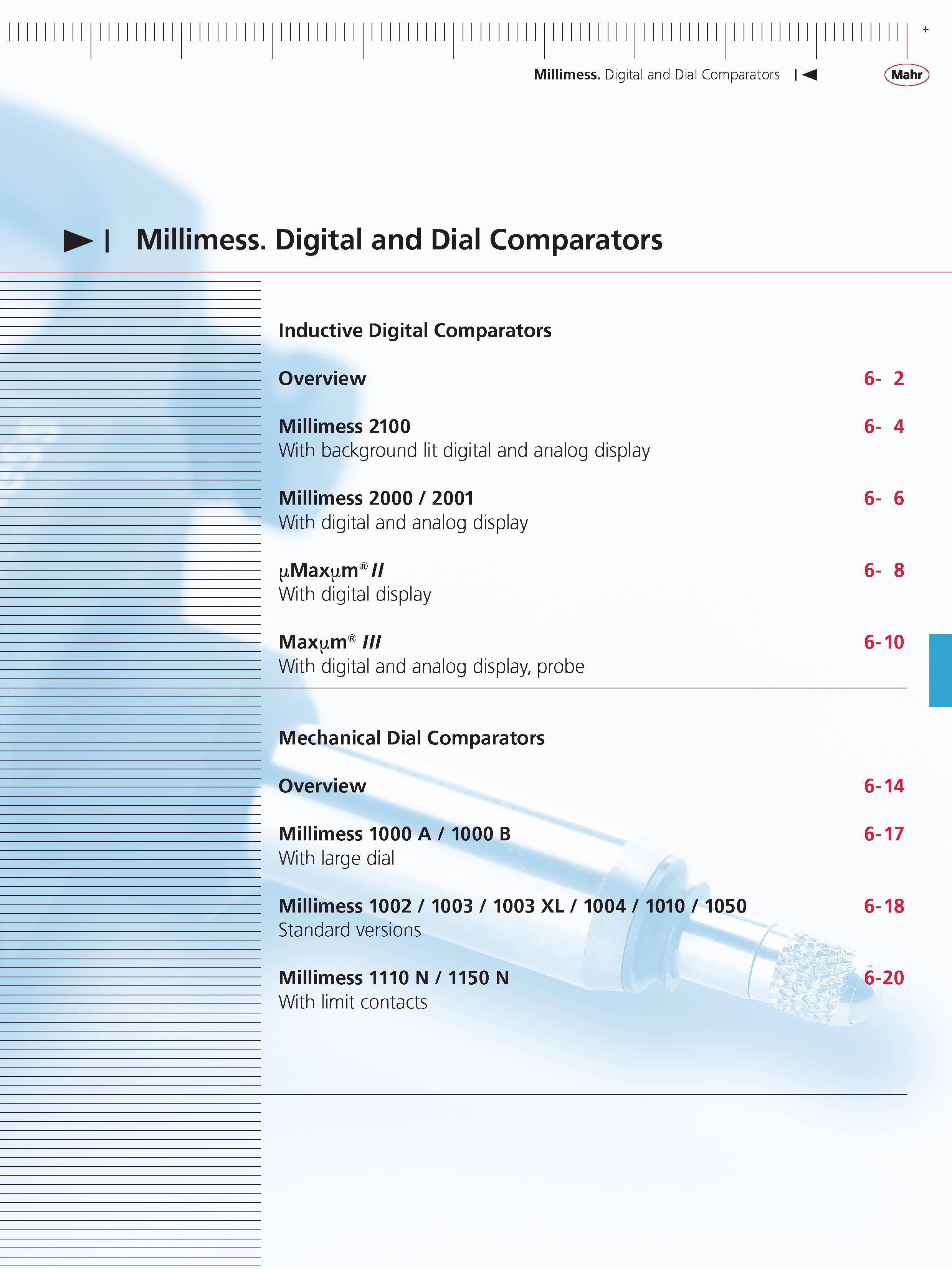 199 Millimess Digital and Dial Comparators M Millimess Digital and Dial Comparators inductive Digital Comparators Overview Millimess 2100 With back Каталог MAHR 2014 Измерительные инструменты приборы и оборудование для линейно-угловых измерений в машиностроении Стр.  ENG