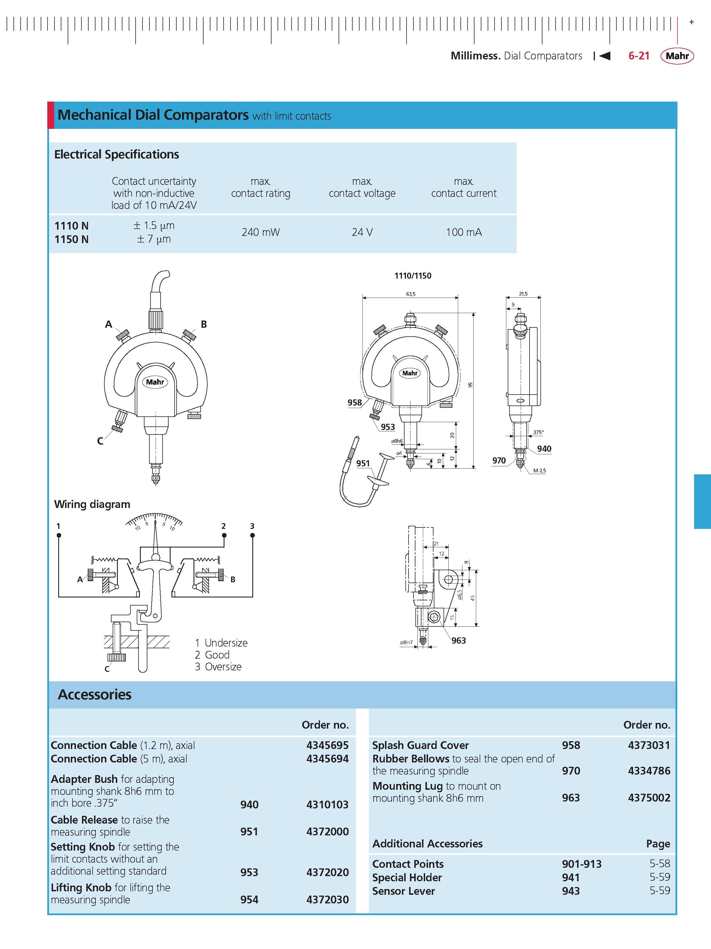 219 Millimess Dial Comparators M 6-21 Mahr Mechanical Dial Comparators with limit contacts Electrical Specifications Contact uncertainty max max ma Каталог MAHR 2014 Измерительные инструменты приборы и оборудование для линейно-угловых измерений в машиностроении Стр. 6-21 ENG