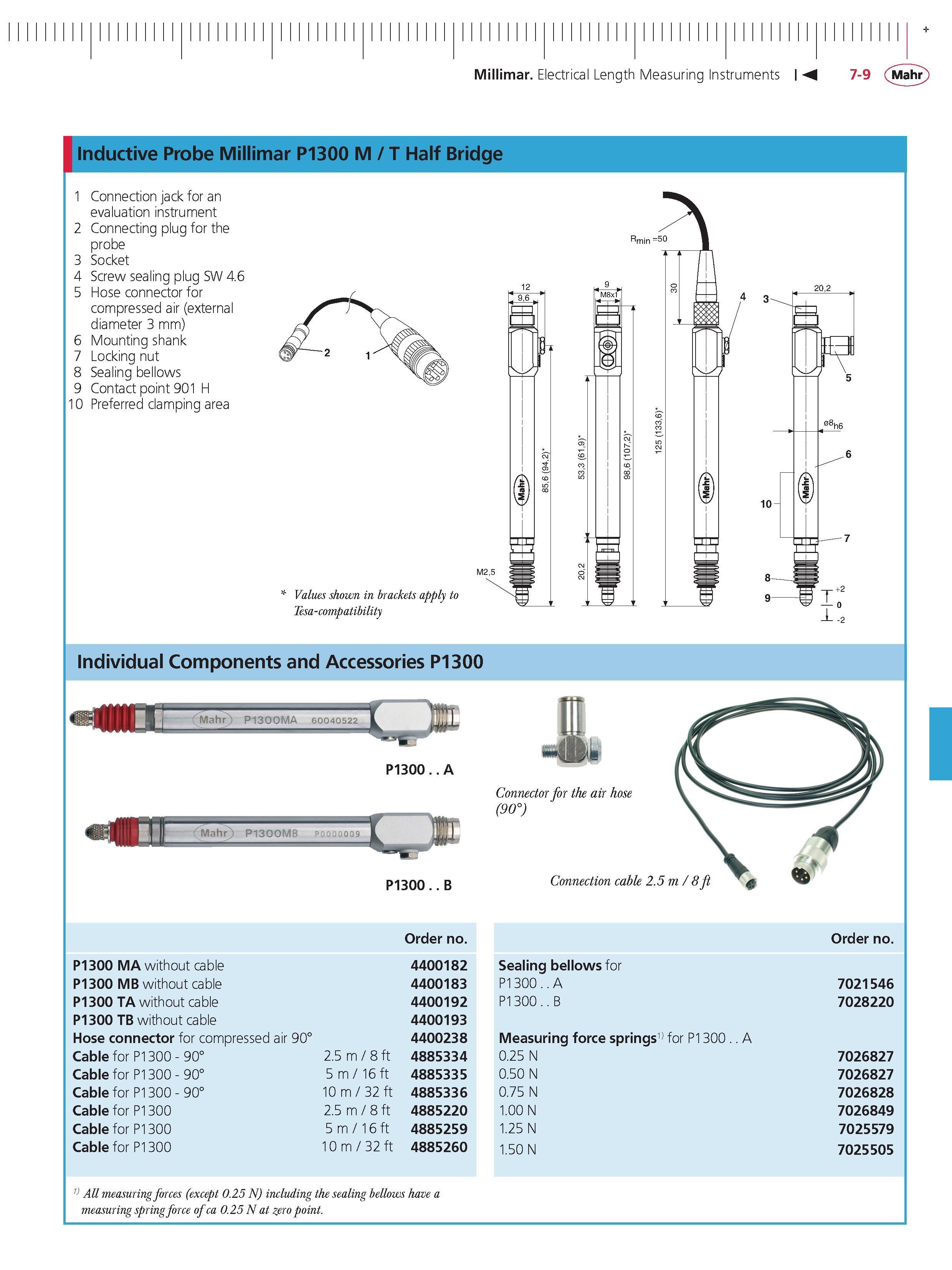 229 Millimar Electrical Length Measuring Instruments M 7-9 Mahr inductive Probe Millimar P1300 M T Half Bridge 1 Connection jack for an evaluation Каталог MAHR 2014 Измерительные инструменты приборы и оборудование для линейно-угловых измерений в машиностроении Стр. 7-9 ENG