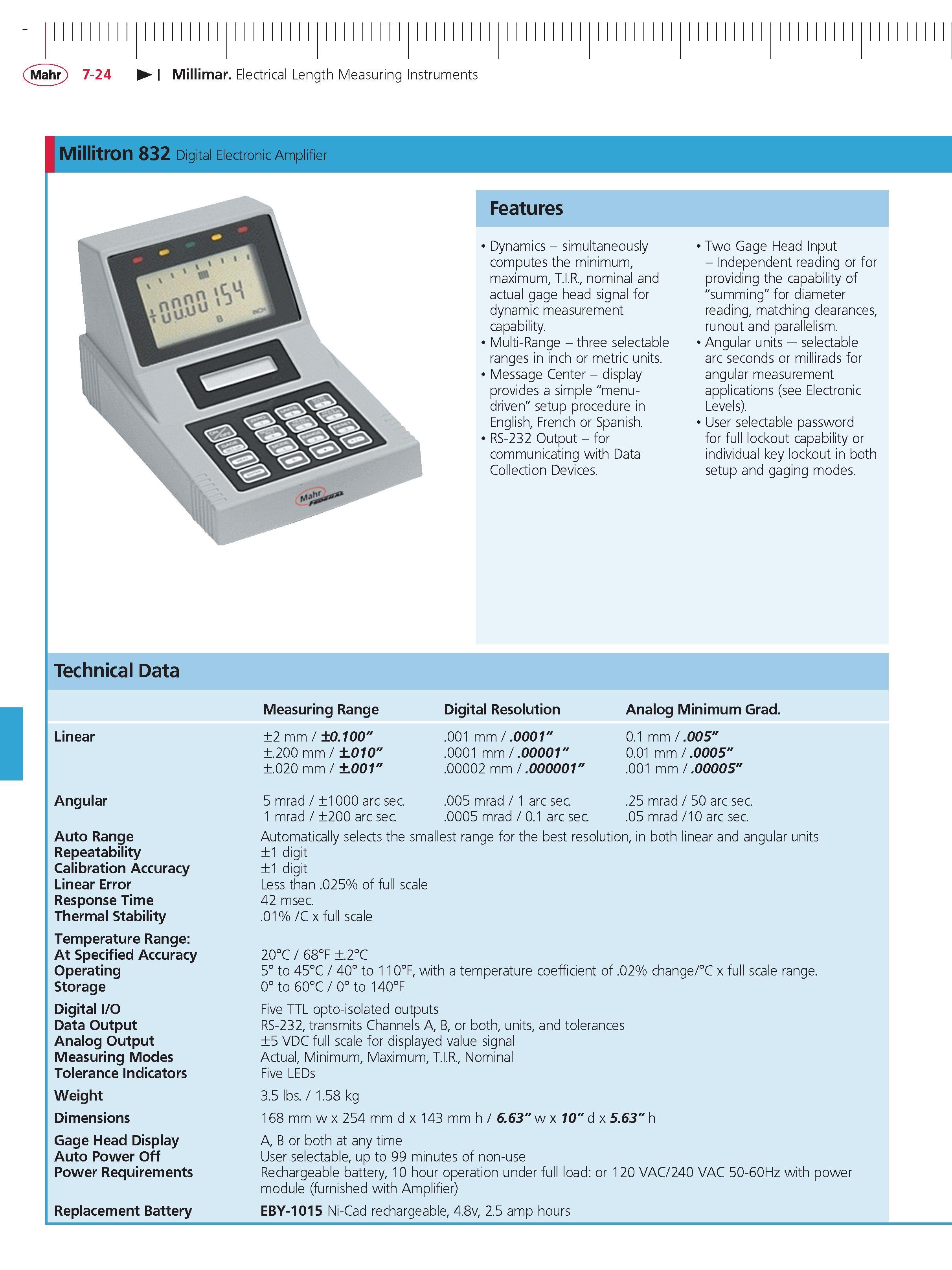 244 Mahr 7-24 Millimar Electrical Length Measuring Instruments Millitron 832 Digital Electronic Amplifier Features Dynamics - simultaneously comput Каталог MAHR 2014 Измерительные инструменты приборы и оборудование для линейно-угловых измерений в машиностроении Стр. 7-24 ENG