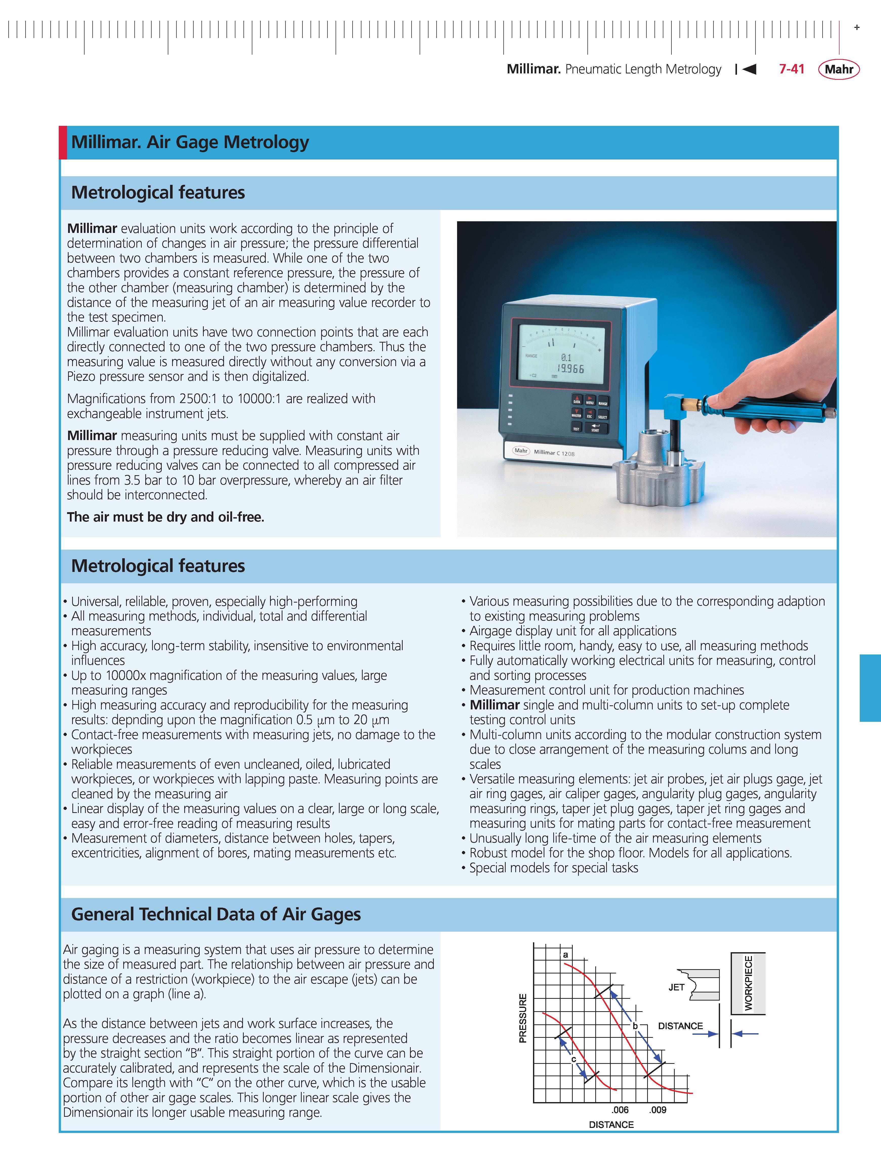 261 Millimar Pneumatic Length Metrology 7-41 Mahr Millimar Air Gage Metrology Metrological features Millimar evaluation units work according to the Каталог MAHR 2014 Измерительные инструменты приборы и оборудование для линейно-угловых измерений в машиностроении Стр. 7-41 ENG