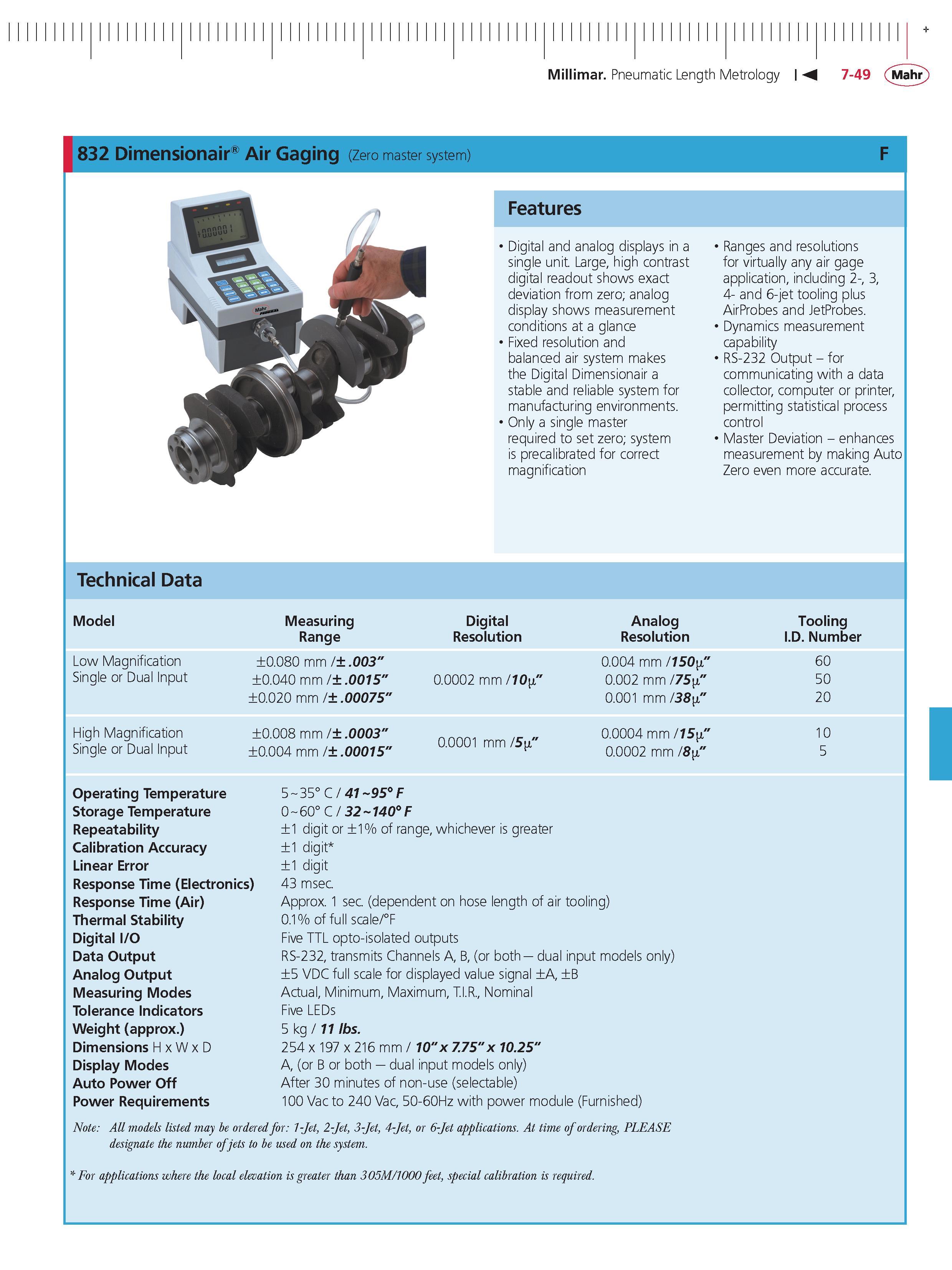 269 Millimar Pneumatic Length Metrology M 7-49 Mahr 832 Dimensionair Air Gaging (Zero master system) Features Digital and analog displays in a sing Каталог MAHR 2014 Измерительные инструменты приборы и оборудование для линейно-угловых измерений в машиностроении Стр. 7-49 ENG