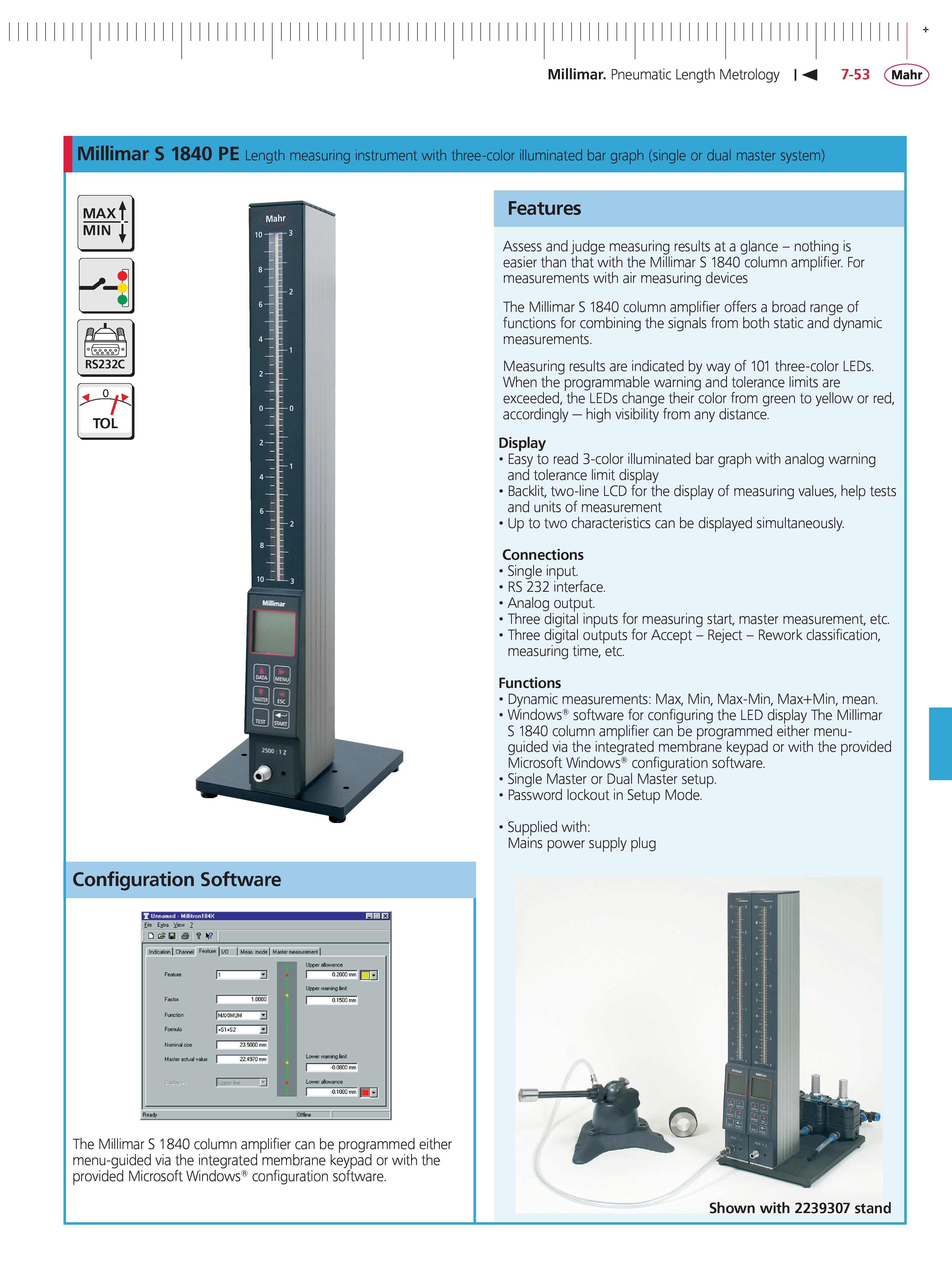 273 Millimar Pneumatic Length Metrology 7-53 Mahr Mi limar S 1840 PE Length measuring instrument with three-color illuminated bar graph (single or Каталог MAHR 2014 Измерительные инструменты приборы и оборудование для линейно-угловых измерений в машиностроении Стр. 7-53 ENG