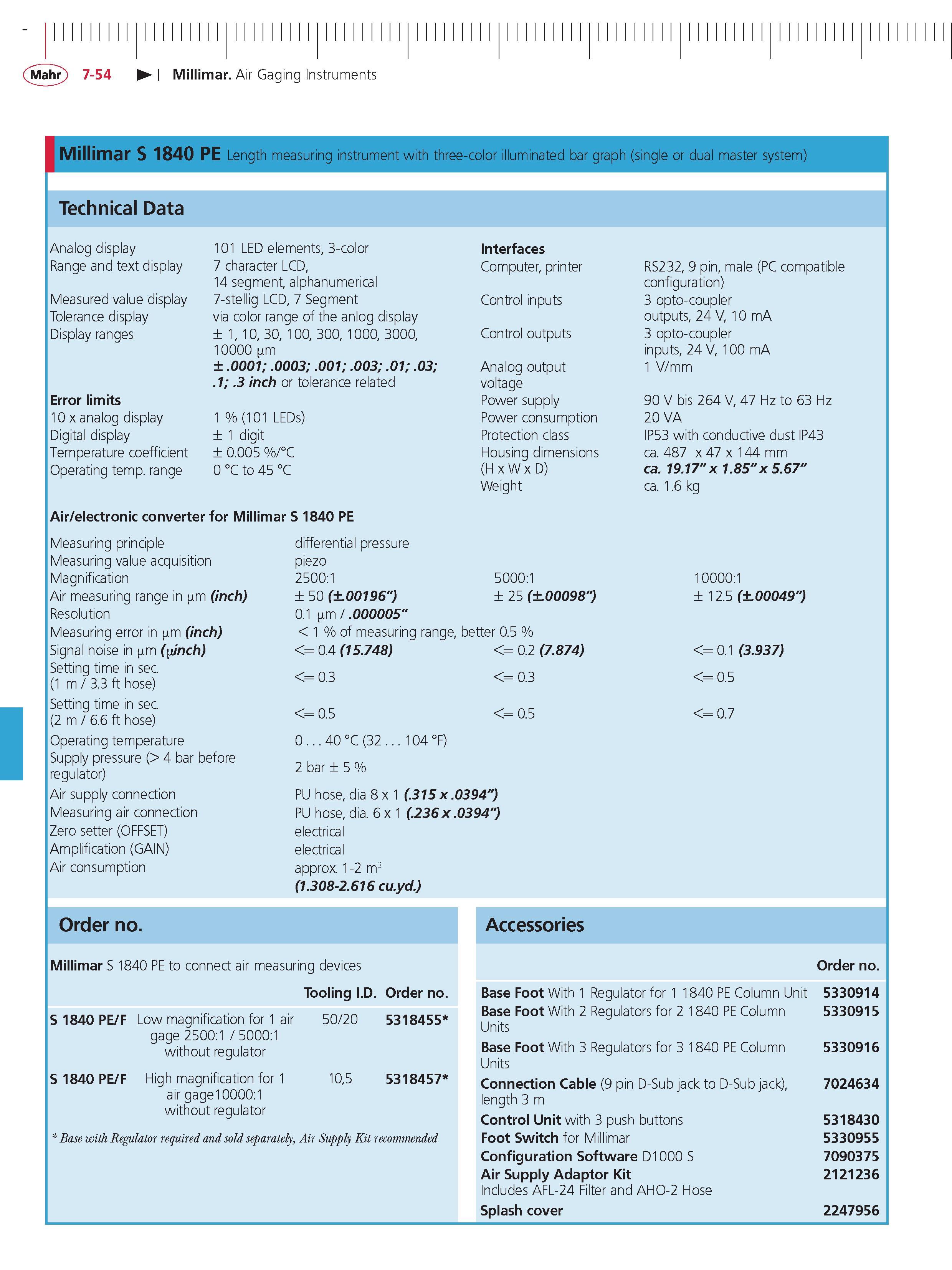 274 Mahr 7-54 Millimar Air Gaging Instruments Millimar S 1840 PE Length measuring instrument with three-color illuminated bar graph (single or dual Каталог MAHR 2014 Измерительные инструменты приборы и оборудование для линейно-угловых измерений в машиностроении Стр. 7-54 ENG