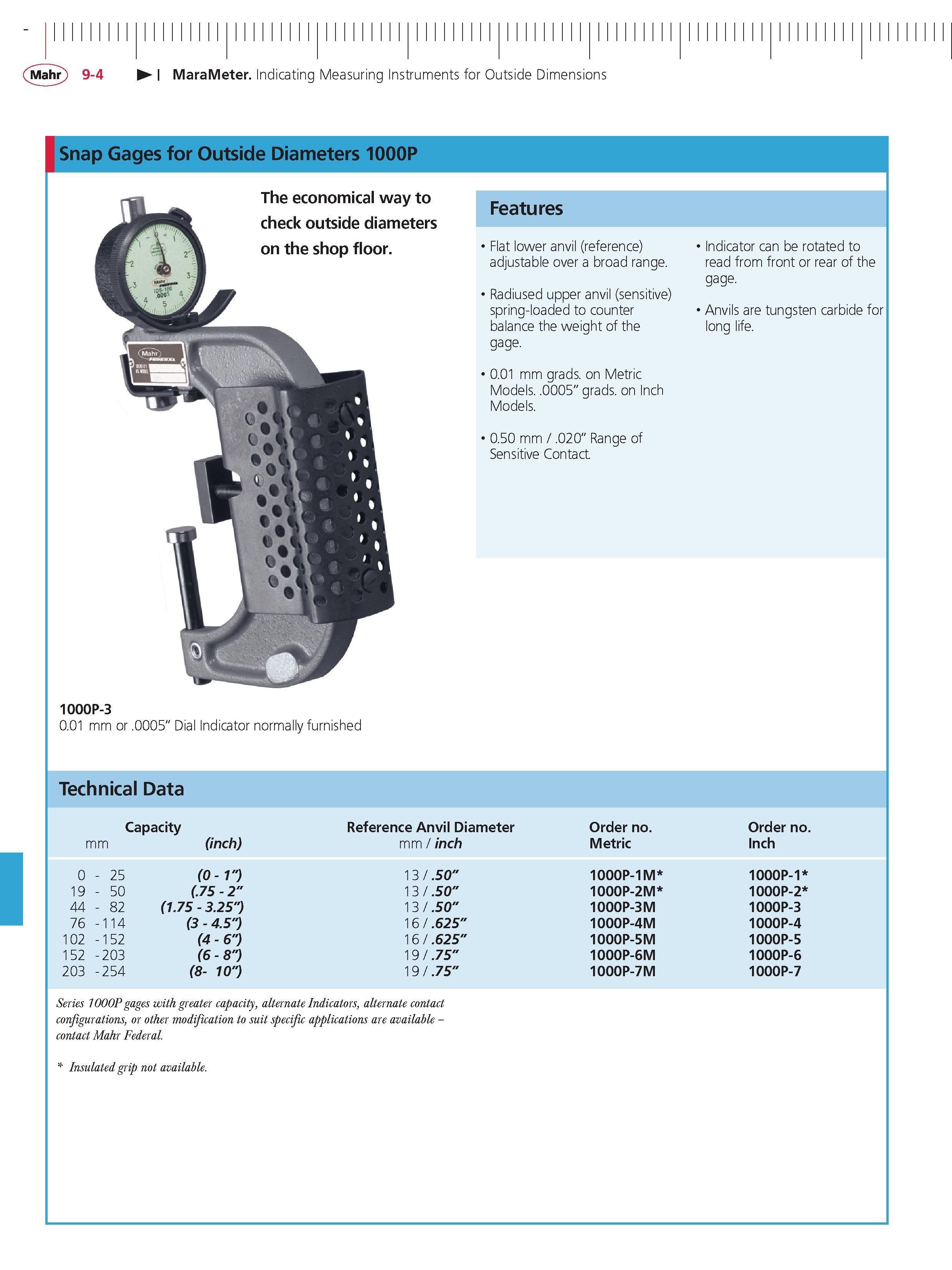310 Mahr 9-4 MaraMeter Indicating Measuring Instruments for Outside Dimensions Snap Gages for Outside Diameters 1000P The economical way to check o Каталог MAHR 2014 Измерительные инструменты приборы и оборудование для линейно-угловых измерений в машиностроении Стр. 9-4 ENG