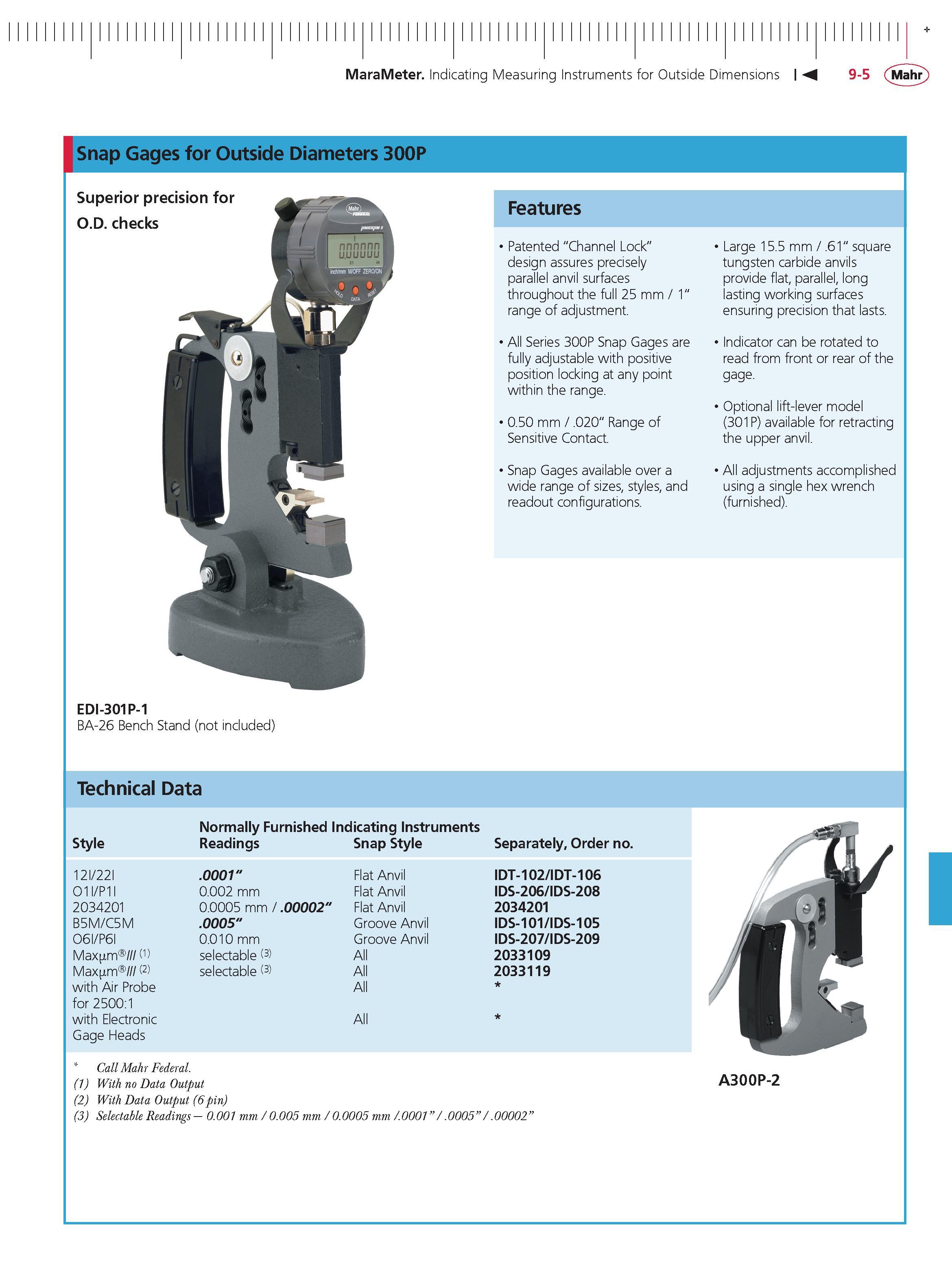 311 MaraMeter Indicating Measuring Instruments for Outside Dimensions 9-5 Mahr Snap Gages for Outside Diameters 300P Superior precision for O D che Каталог MAHR 2014 Измерительные инструменты приборы и оборудование для линейно-угловых измерений в машиностроении Стр. 9-5 ENG