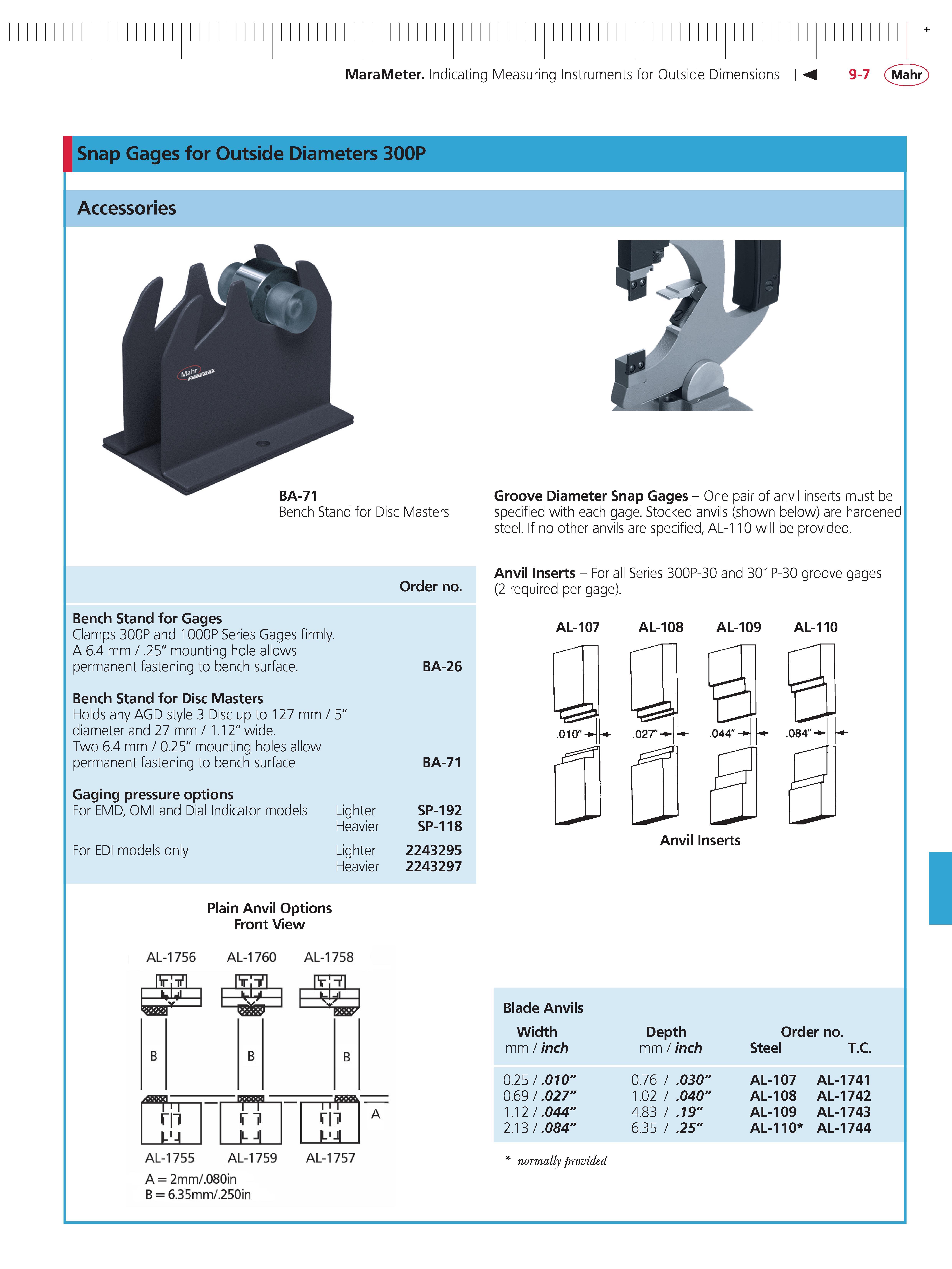 313 MaraMeter Indicating Measuring Instruments for Outside Dimensions M 9-7 Mahr Snap Gages for Outside Diameters 300P Accessories BA-71 Bench Stan Каталог MAHR 2014 Измерительные инструменты приборы и оборудование для линейно-угловых измерений в машиностроении Стр. 9-7 ENG