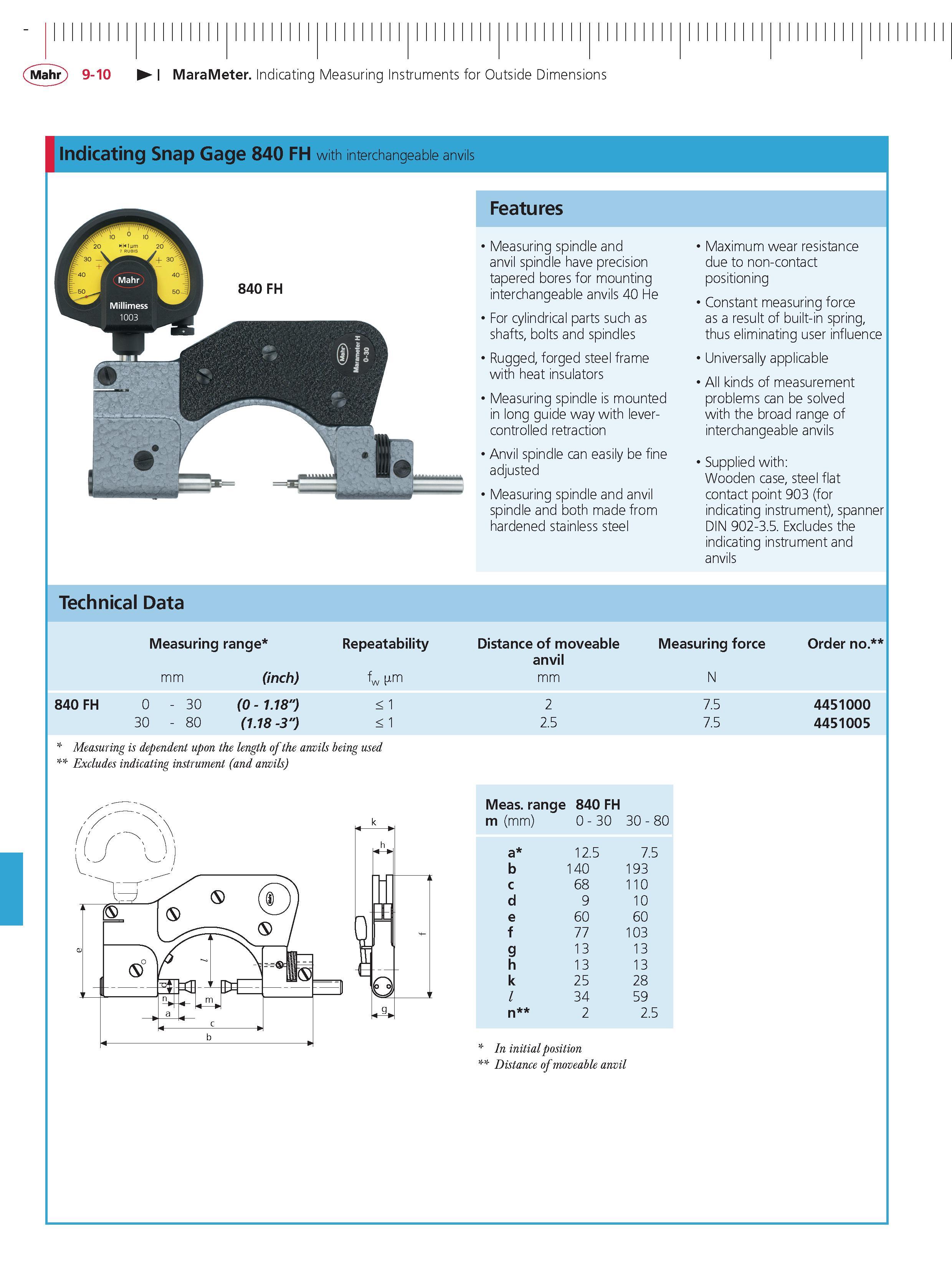 316 Mahr 9-10 MaraMeter Indicating Measuring Instruments for Outside Dimensions Indicating Snap Gage 840 FH with interchangeable anvils Features Me Каталог MAHR 2014 Измерительные инструменты приборы и оборудование для линейно-угловых измерений в машиностроении Стр. 9-10 ENG