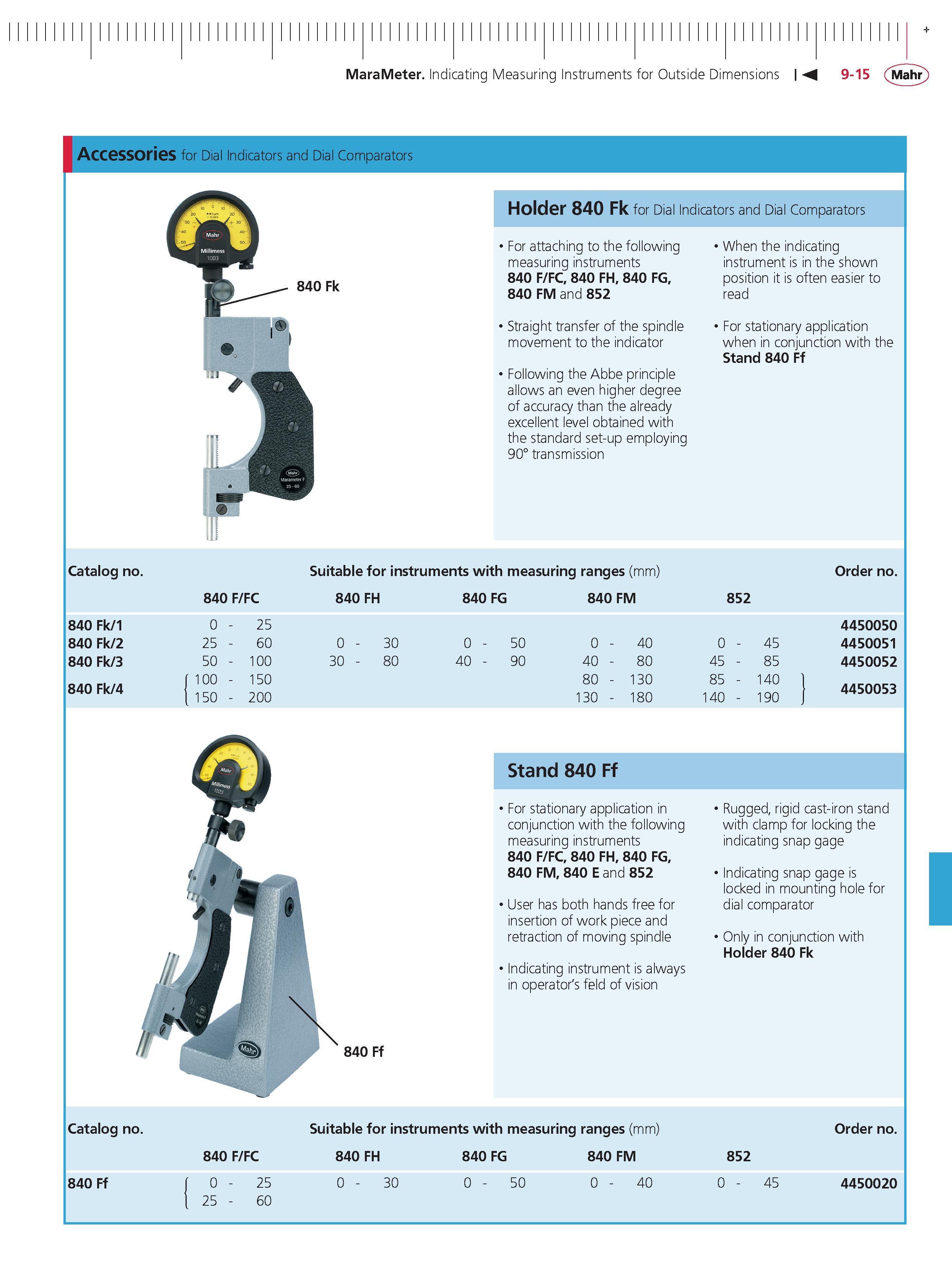 321 MaraMeter Indicating Measuring Instruments for Outside Dimensions M 9-15 Mahr Accessories for Dial Indicators and Dial Comparators Catalog no H Каталог MAHR 2014 Измерительные инструменты приборы и оборудование для линейно-угловых измерений в машиностроении Стр. 9-15 ENG