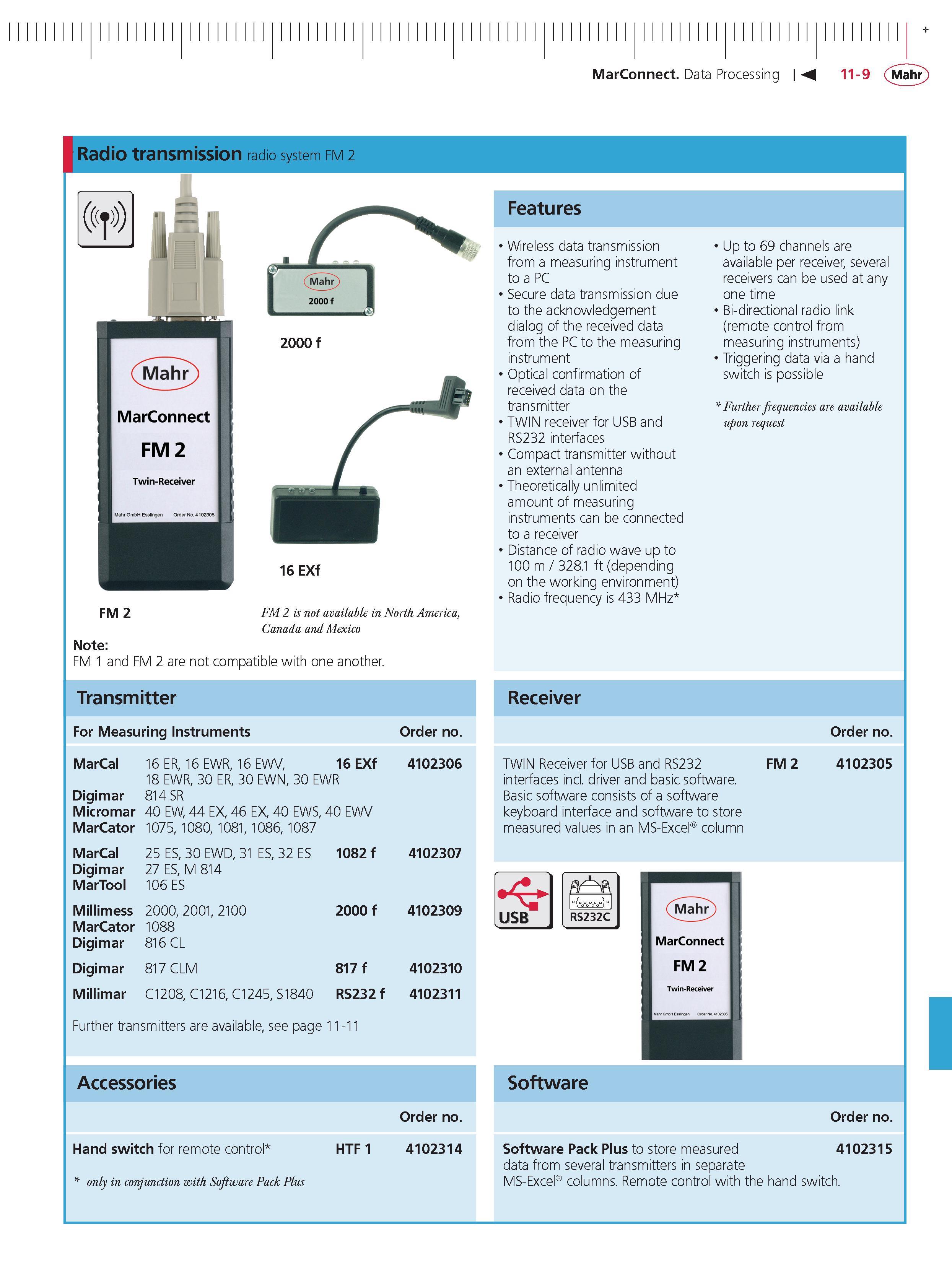 415 MarConnect Data Processing M 11-9 Mahr Radio transmission radio system fm 2 FM 2 FM 2 is not available in North America Canada and Mexico Note Каталог MAHR 2014 Измерительные инструменты приборы и оборудование для линейно-угловых измерений в машиностроении Стр. 11-9 ENG