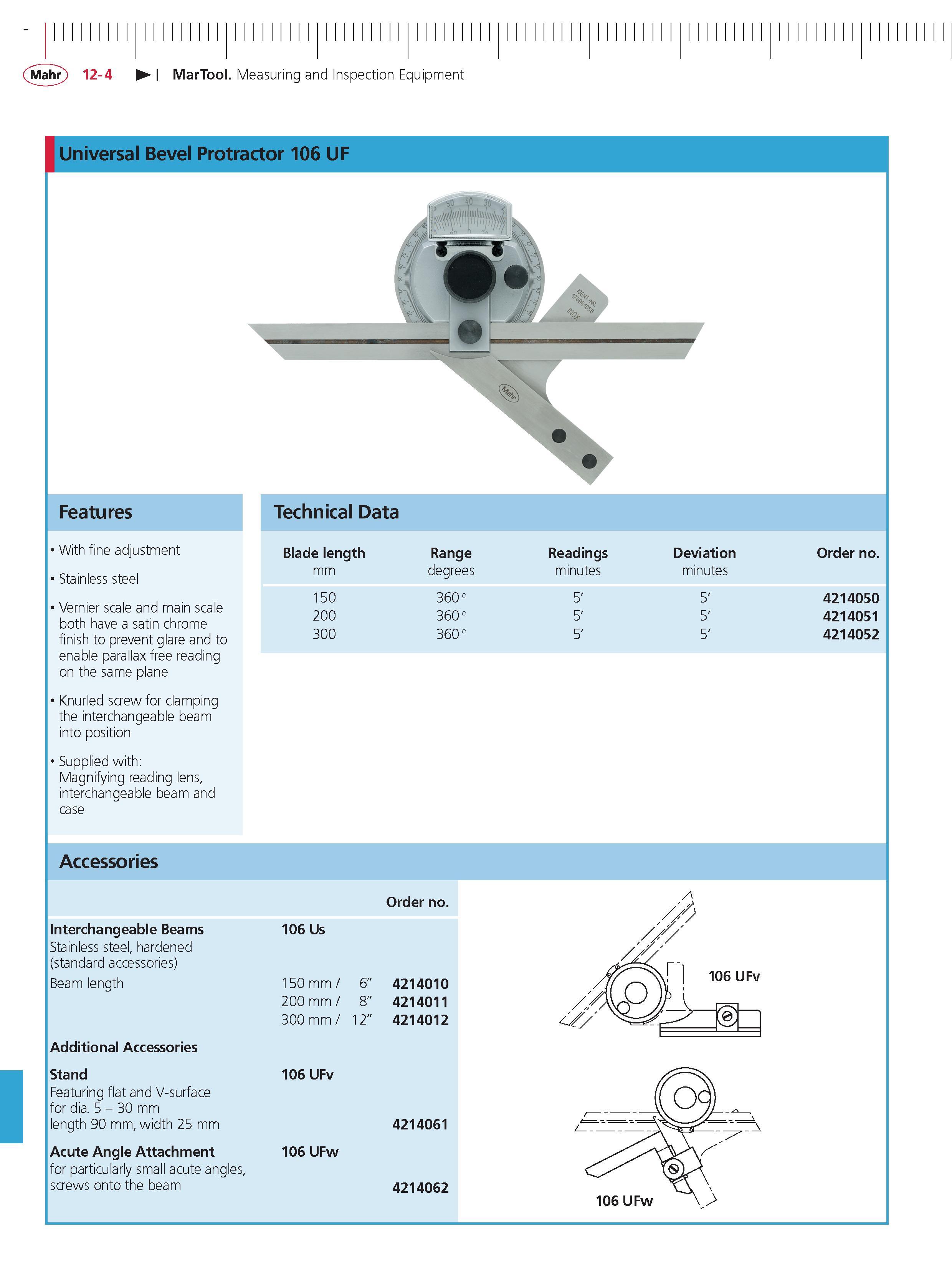 422 Mahr 12-4 MarTool Measuring and Inspection Equipment Universal Bevel Protractor 106 UF Features With fine adjustment Stainless steel Vernier sc Каталог MAHR 2014 Измерительные инструменты приборы и оборудование для линейно-угловых измерений в машиностроении Стр. 12-4 ENG
