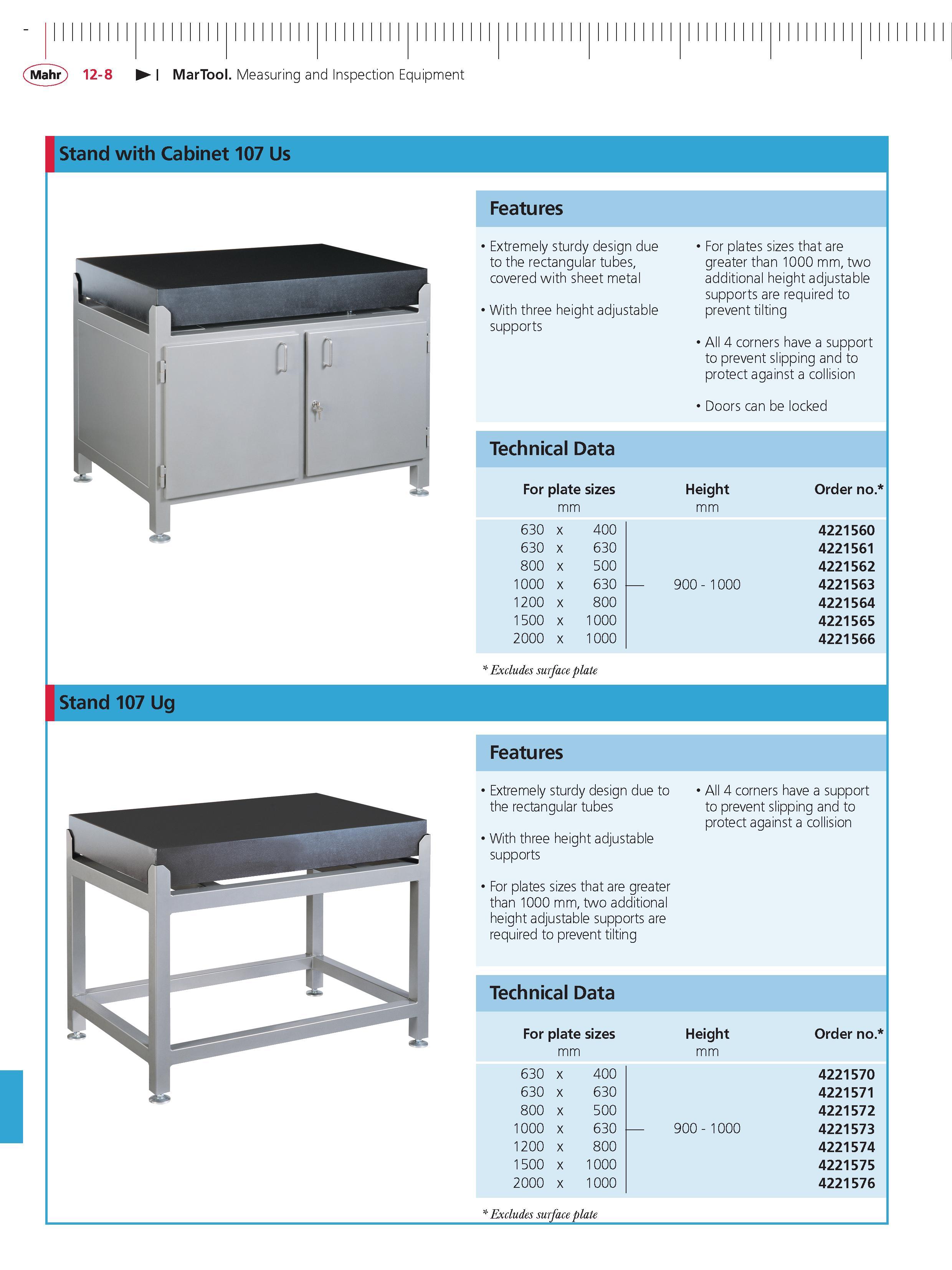 426 Mahr 12-8 MarTool Measuring and Inspection Equipment Stand with Cabinet 107 Us Features Extremely sturdy design due to the rectangular tubes co Каталог MAHR 2014 Измерительные инструменты приборы и оборудование для линейно-угловых измерений в машиностроении Стр. 12-8 ENG