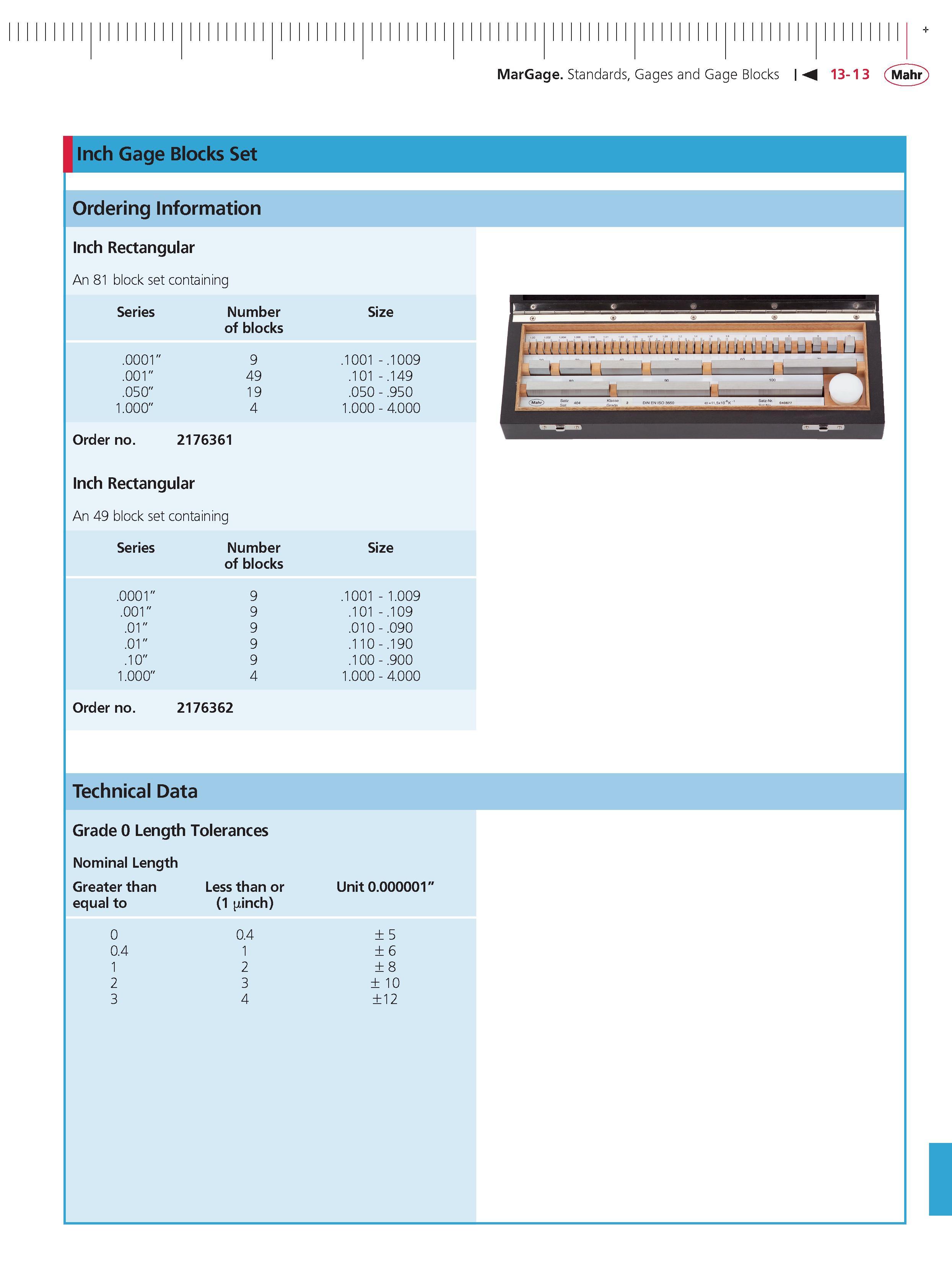 439 MarGage Standards Gages and Gage Blocks M 13-13 Mahr Inch Gage Blocks Set Ordering Information Inch Rectangular An 81 block set containing seri Каталог MAHR 2014 Измерительные инструменты приборы и оборудование для линейно-угловых измерений в машиностроении Стр. 13-13 ENG