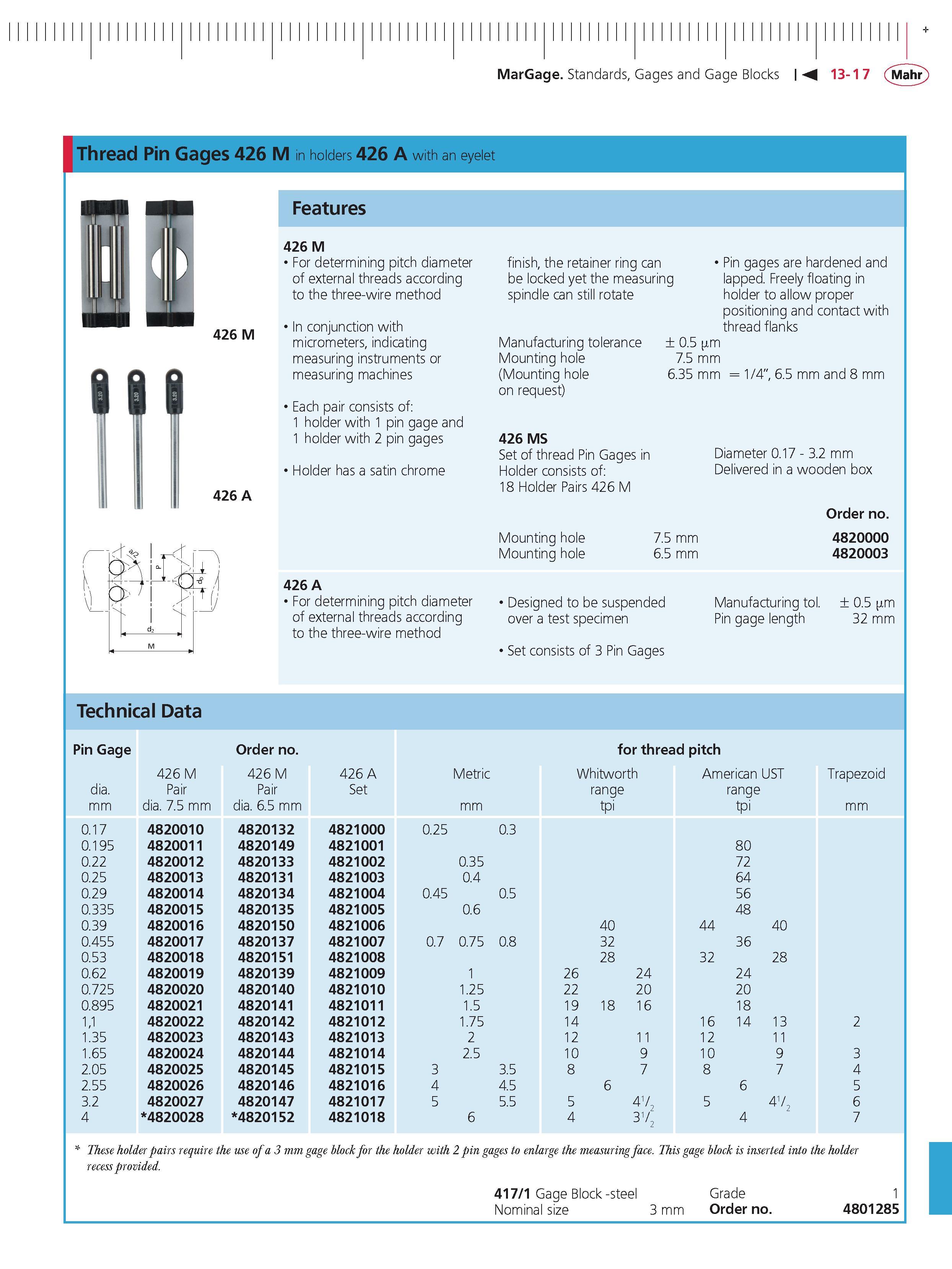 443 MarGage Standards Gages and Gage Blocks M 13-17 Mahr thread Pin Gages 426 M holders 426 A with an eyelet Features 426 M 426 M For determining p Каталог MAHR 2014 Измерительные инструменты приборы и оборудование для линейно-угловых измерений в машиностроении Стр. 13-17 ENG