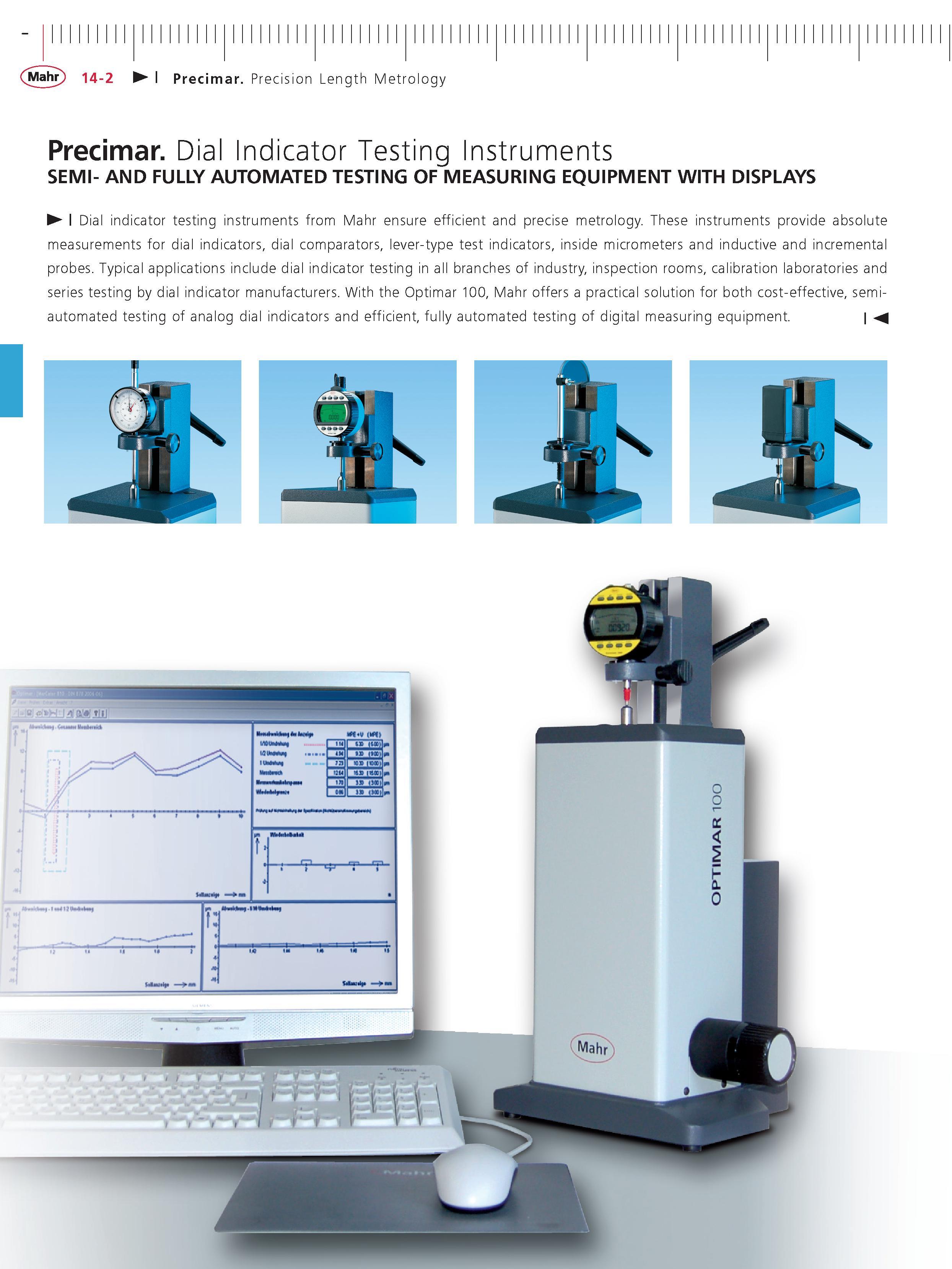 450 Mahr 14-2 Precimar Precision Length Metrology Precimar Dial Indicator Testing Instruments SEMI- AND FULLY AUTOMATED TESTING OF MEASURING EQUIPM Каталог MAHR 2014 Измерительные инструменты приборы и оборудование для линейно-угловых измерений в машиностроении Стр. 14-2 ENG