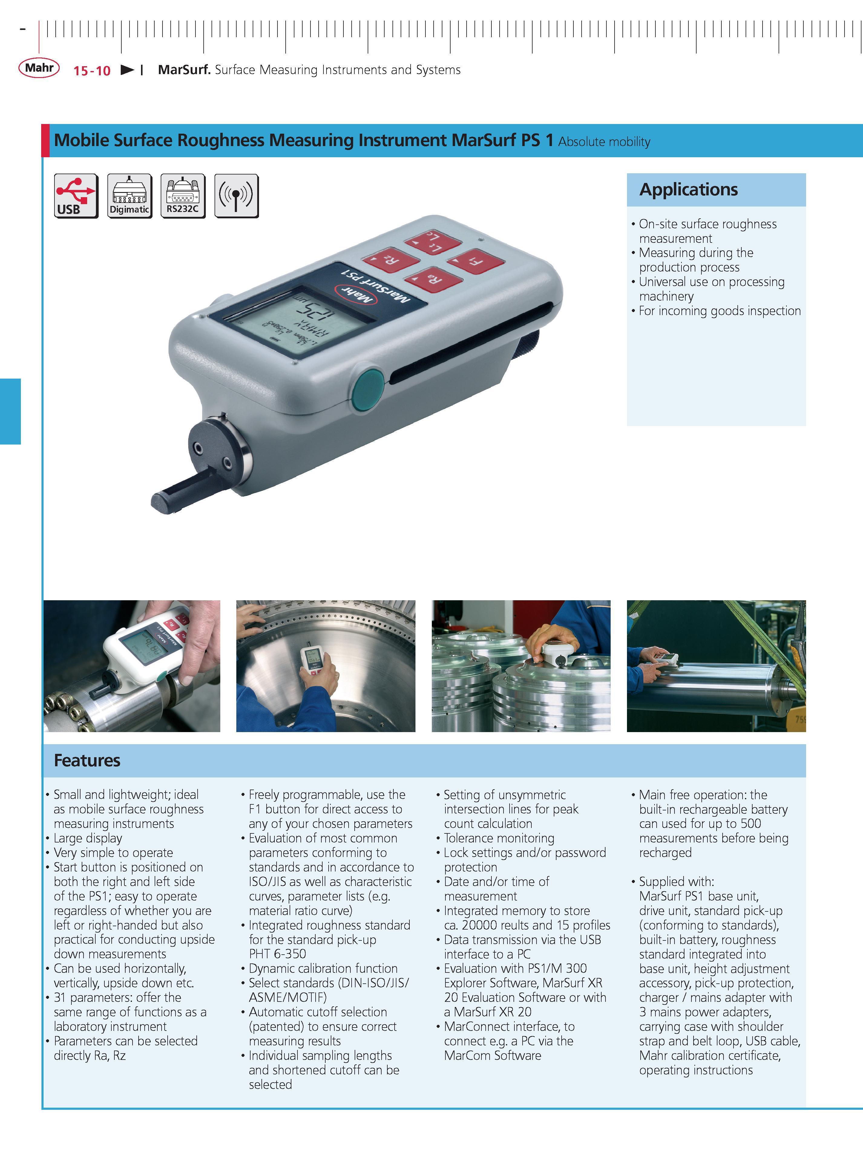 471 Mahr 15-10 MarSurf Surface Measuring Instruments and Systems Mobile Surface Roughness Measuring Instrument MarSurf PS 1 Absolute mobility V USB Каталог MAHR 2014 Измерительные инструменты приборы и оборудование для линейно-угловых измерений в машиностроении Стр. 15-10 ENG