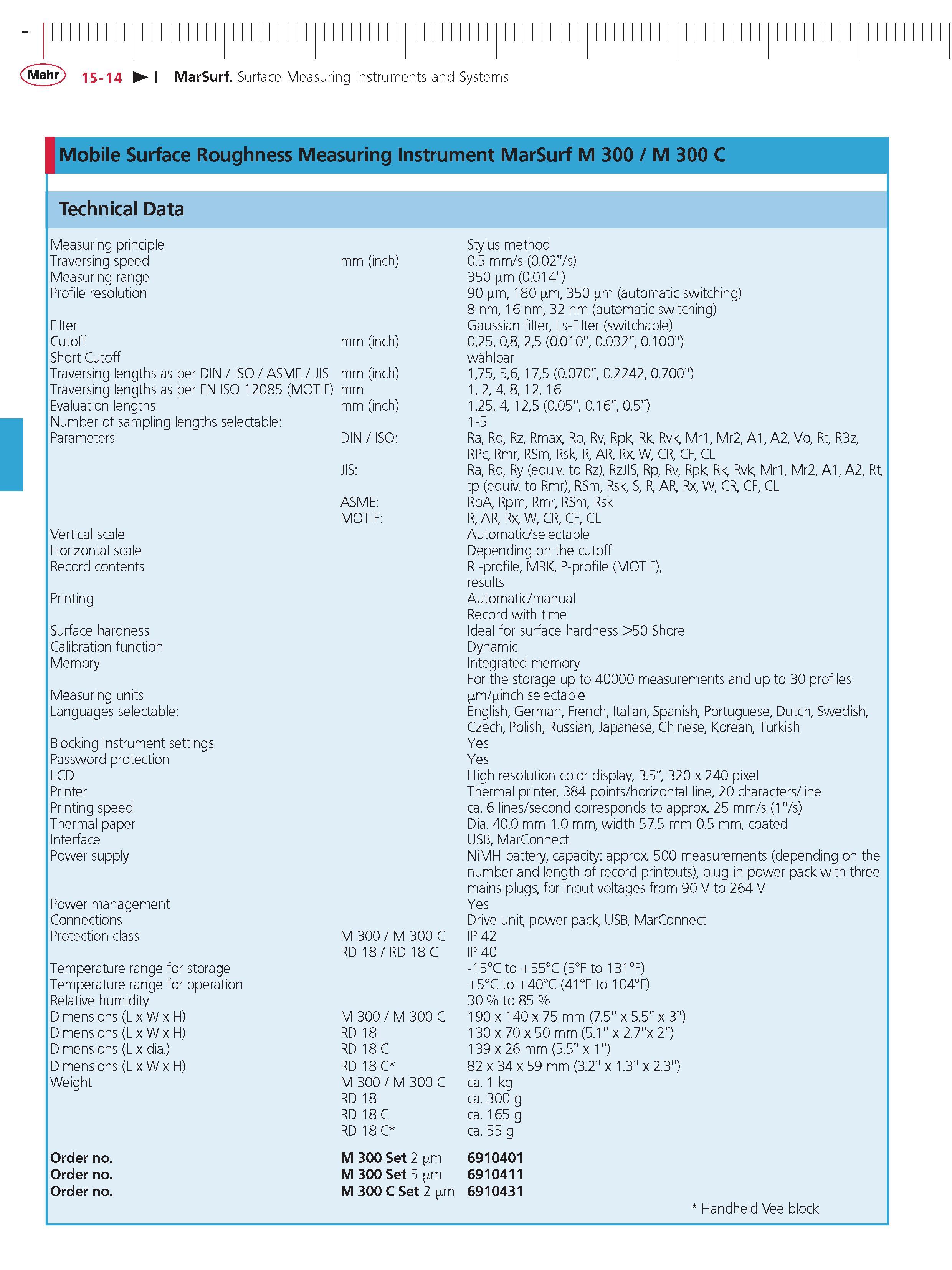 475 Mahr 15-14 MarSurf Surface Measuring Instruments and Systems Mobile Surface Roughness Measuring instrument MarSurf M 300 M 300 C technical Data Каталог MAHR 2014 Измерительные инструменты приборы и оборудование для линейно-угловых измерений в машиностроении Стр. 15-14 ENG