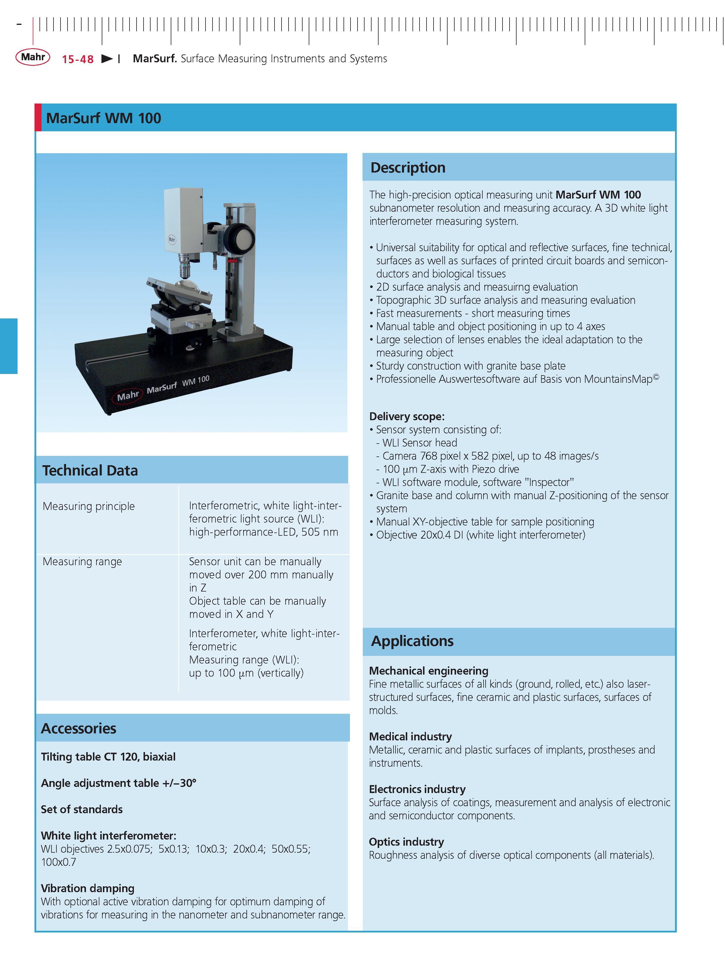 509 Mahr 15-48 MarSurf Surface Measuring Instruments and Systems MarSurf WM 100 Accessories Technical Data Measuring principle Interferometric whit Каталог MAHR 2014 Измерительные инструменты приборы и оборудование для линейно-угловых измерений в машиностроении Стр. 15-48 ENG