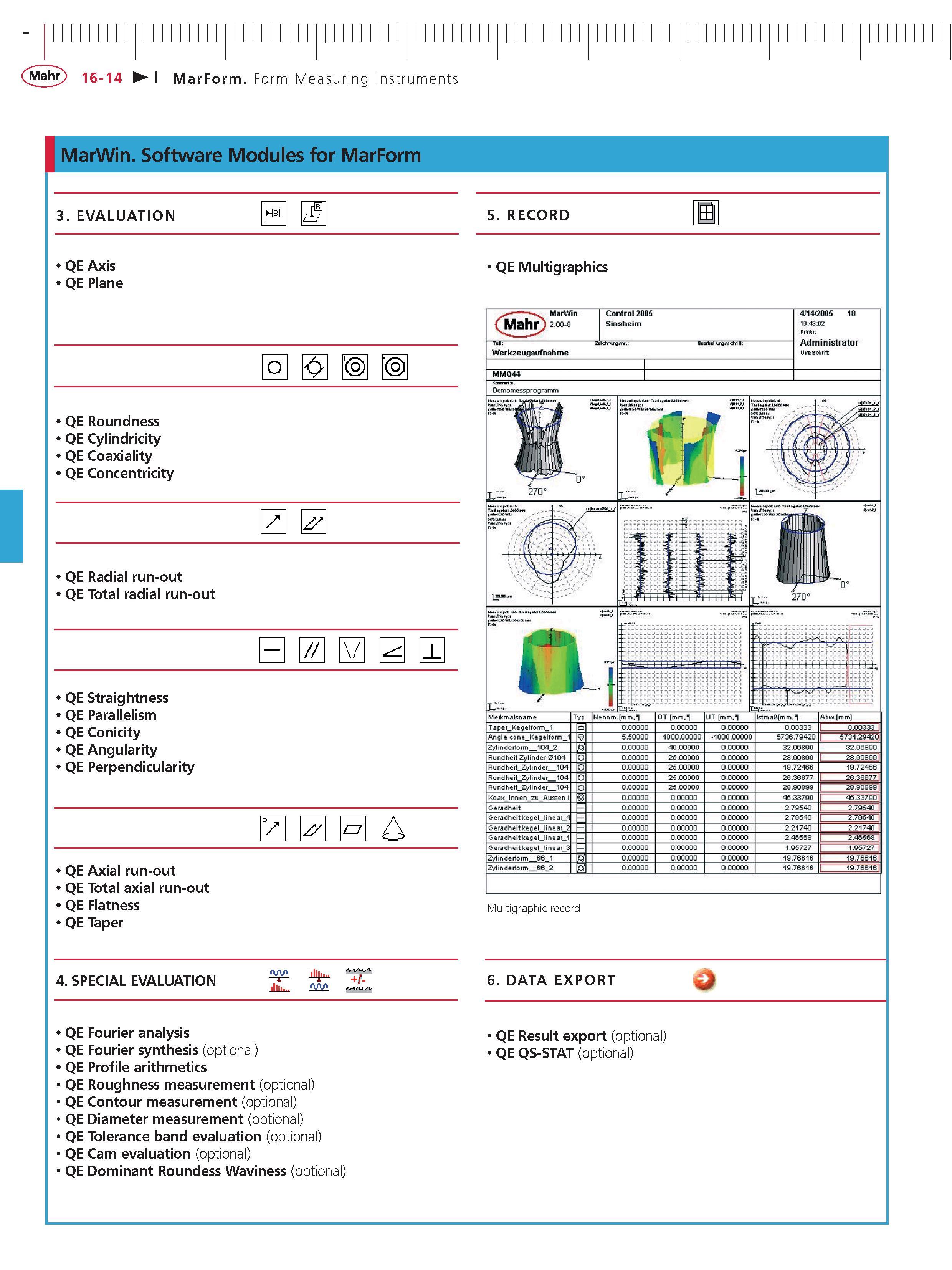 525 Mahr 16-14 MarForm Form Measuring Instruments MarWin Software Modules for MarForm 3 EVALUATION 5 RECORD QE Axis QE Plane QE Multigraphics O QE Каталог MAHR 2014 Измерительные инструменты приборы и оборудование для линейно-угловых измерений в машиностроении Стр. 16-14 ENG