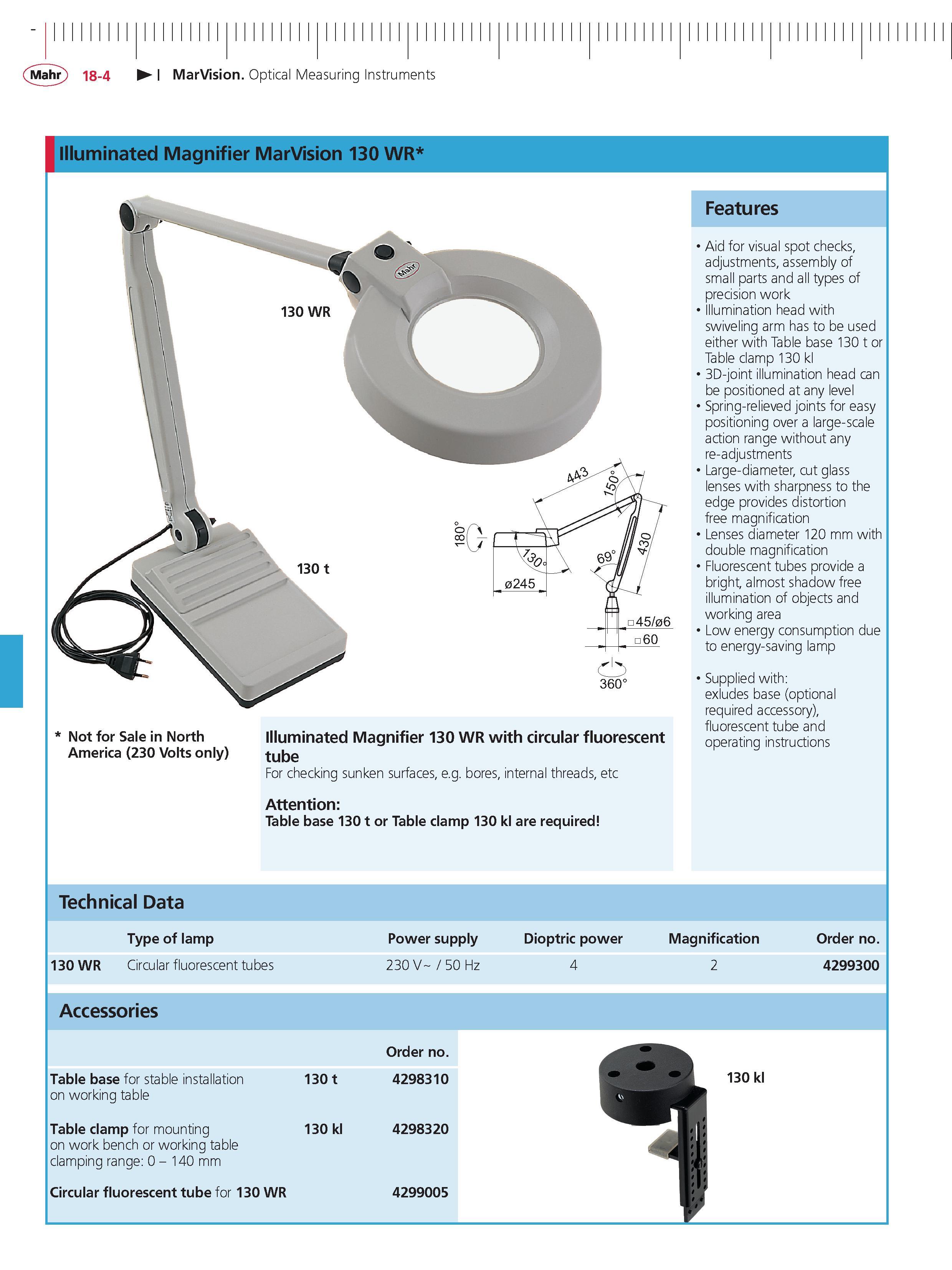 545 Mahr 18-4 MarVision Optical Measuring Instruments Illuminated Magnifier MarVision 130 WR Features % 130 WR ' 7 % 0245 Not for Sale in North Ame Каталог MAHR 2014 Измерительные инструменты приборы и оборудование для линейно-угловых измерений в машиностроении Стр. 18-4 ENG