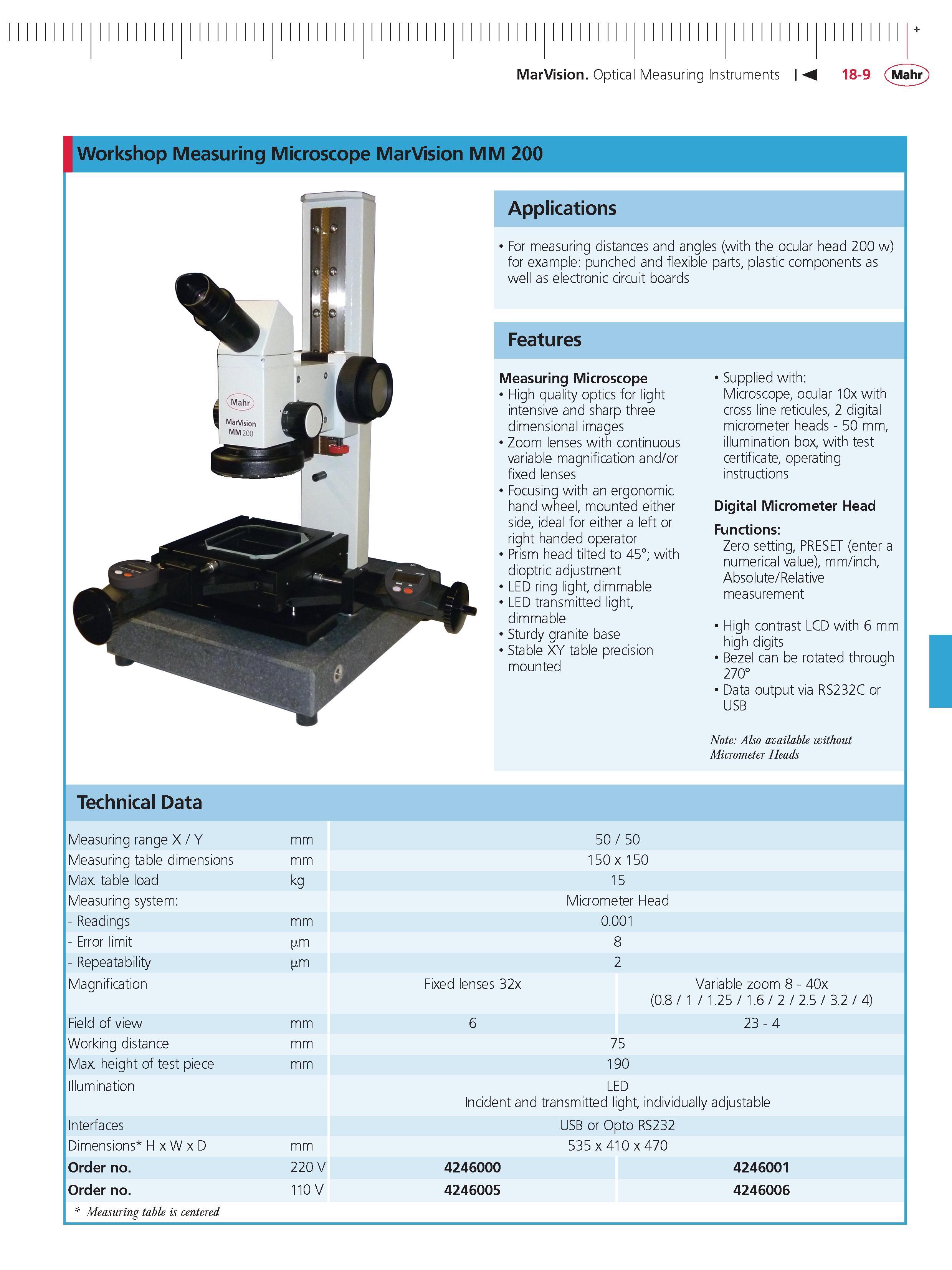550 MarVision Optical Measuring Instruments M 18-9 Mahr Workshop Measuring Microscope MarVision MM 200 Applications For measuring distances and ang Каталог MAHR 2014 Измерительные инструменты приборы и оборудование для линейно-угловых измерений в машиностроении Стр. 18-9 ENG
