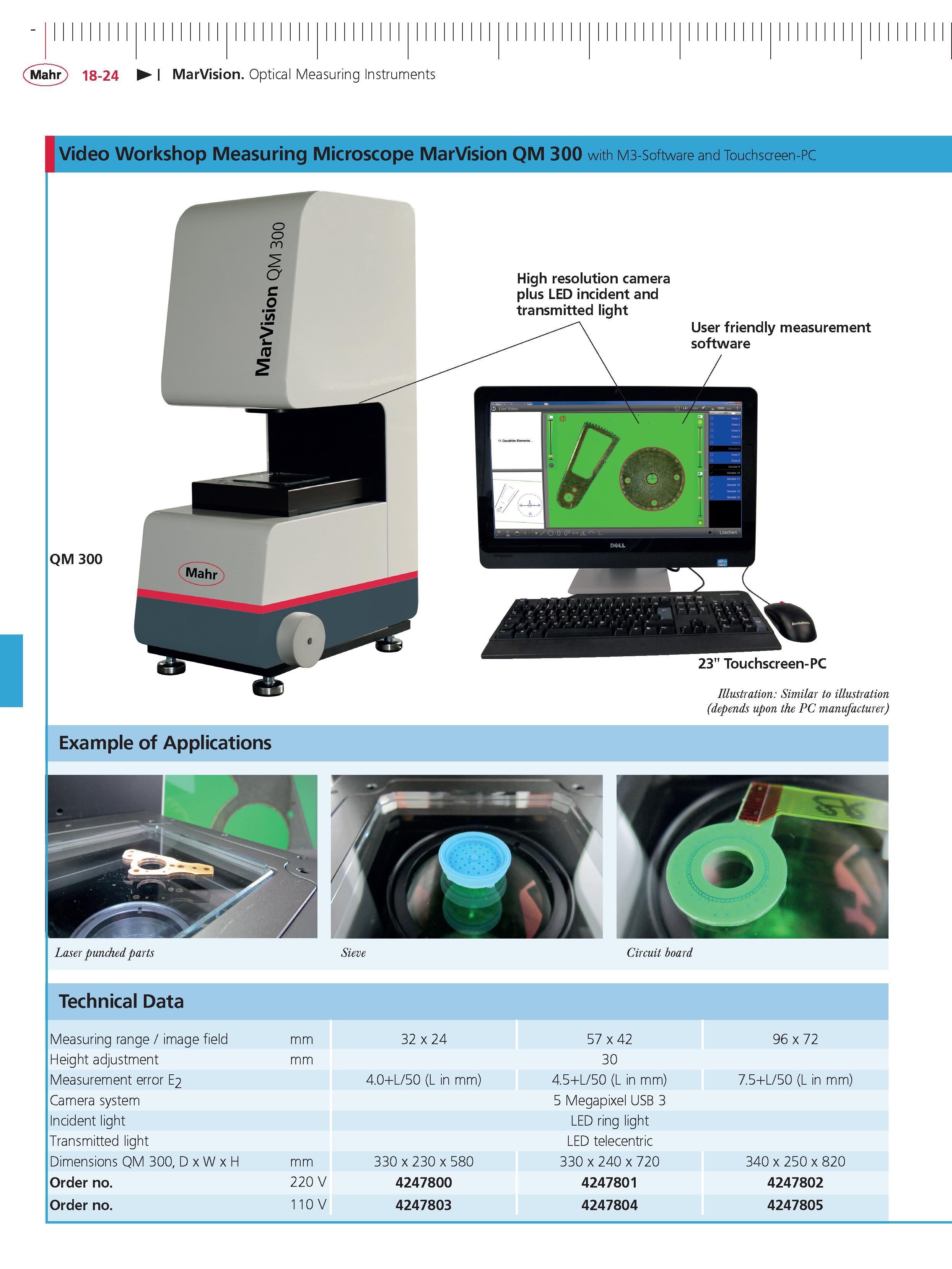 565 Mahr 18-24 MarVision Optical Measuring Instruments Video Workshop Measuring Microscope MarVision QM 300 with M3-software and Touchscreen-pc no Каталог MAHR 2014 Измерительные инструменты приборы и оборудование для линейно-угловых измерений в машиностроении Стр. 18-24 ENG