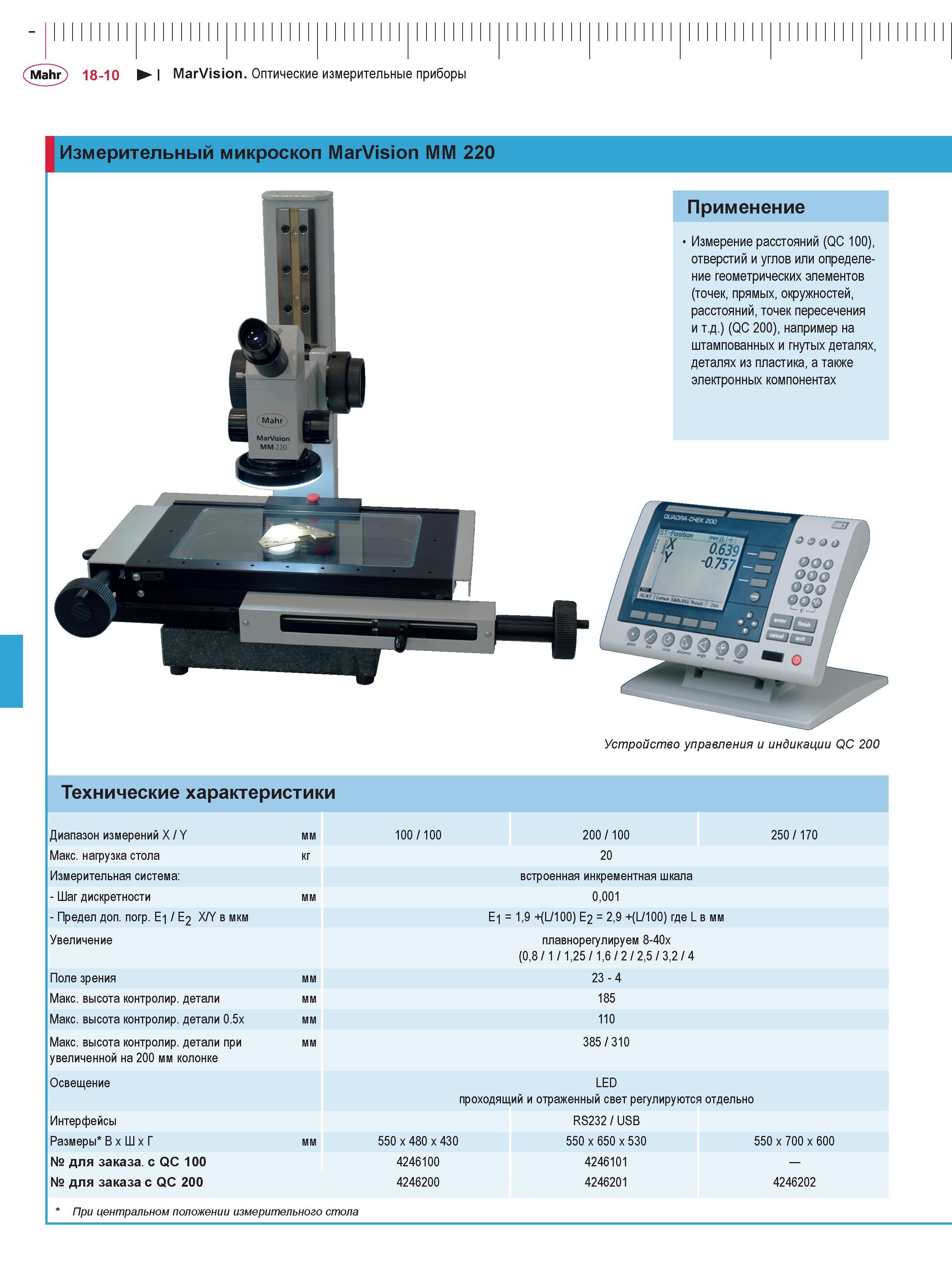 450 Измерительный микроскоп MarVision MM 220 Измерение расстояний (QC 100), отверстий и углов или определение геометрических элементов Каталог MAHR 2016 Измерительный инструмент и контрольно-измерительное обрудование для машиностроительных предприятий Микрометры Индикаторы Штангенциркули Микроскопы Стр. 18-10