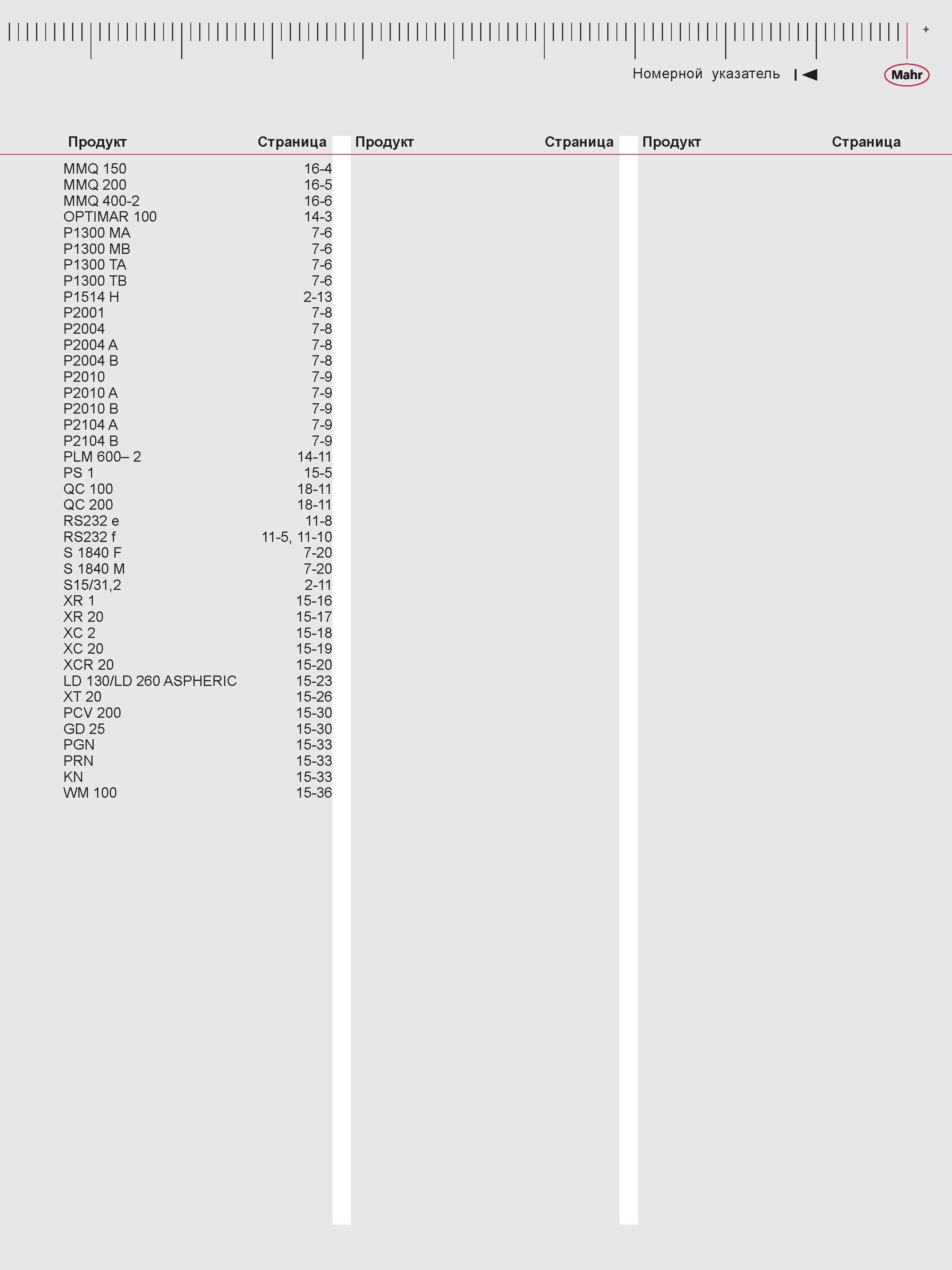 493 Номерной указатель М Продукт Страница MMQ 150 16-4 MMQ 200 16-5 MMQ 400-2 16-6 OPTIMAR 100 14-3 P1300 MA 7-6 P1300 MB 7-6 P1300 TA 7-6 P1300 TB 7 Каталог MAHR 2016 Измерительный инструмент и контрольно-измерительное обрудование для машиностроительных предприятий Микрометры Индикаторы Штангенциркули Микроскопы Стр. 