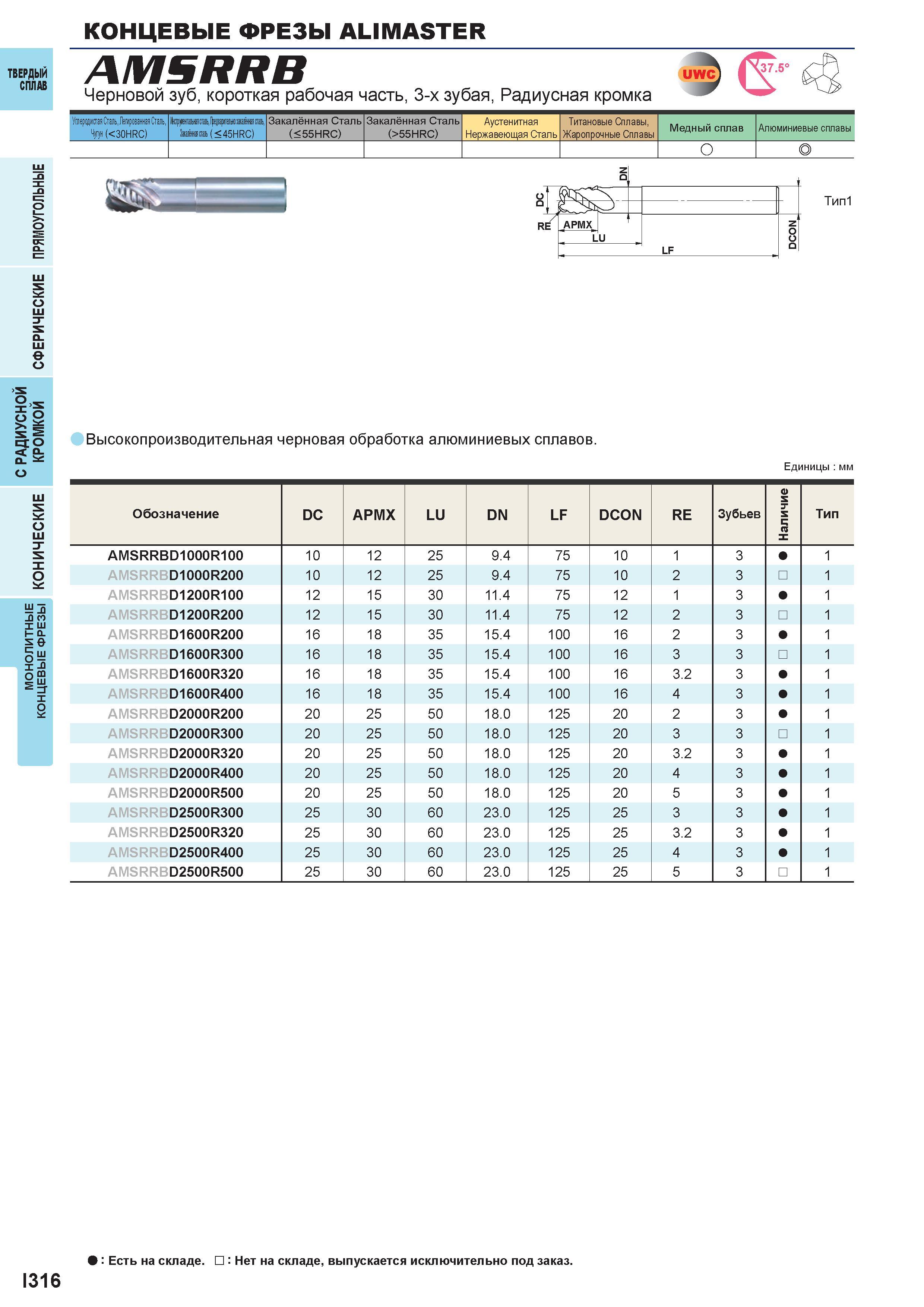 868 Твердый сплав Концевые фрезы ALIMASTER AMSRRB Черновой зуб, короткая рабочая часть, 3-х зубая, Радиусная кромка Углеродистая Сталь,Легированная С Каталог MITSUBISHI 2016 Вращающийся и токарный режущий инструмент для металлообработки Сменные твердосплавные пластины Резцы Фрезы сборные и монолитные Сверла Стр. I316