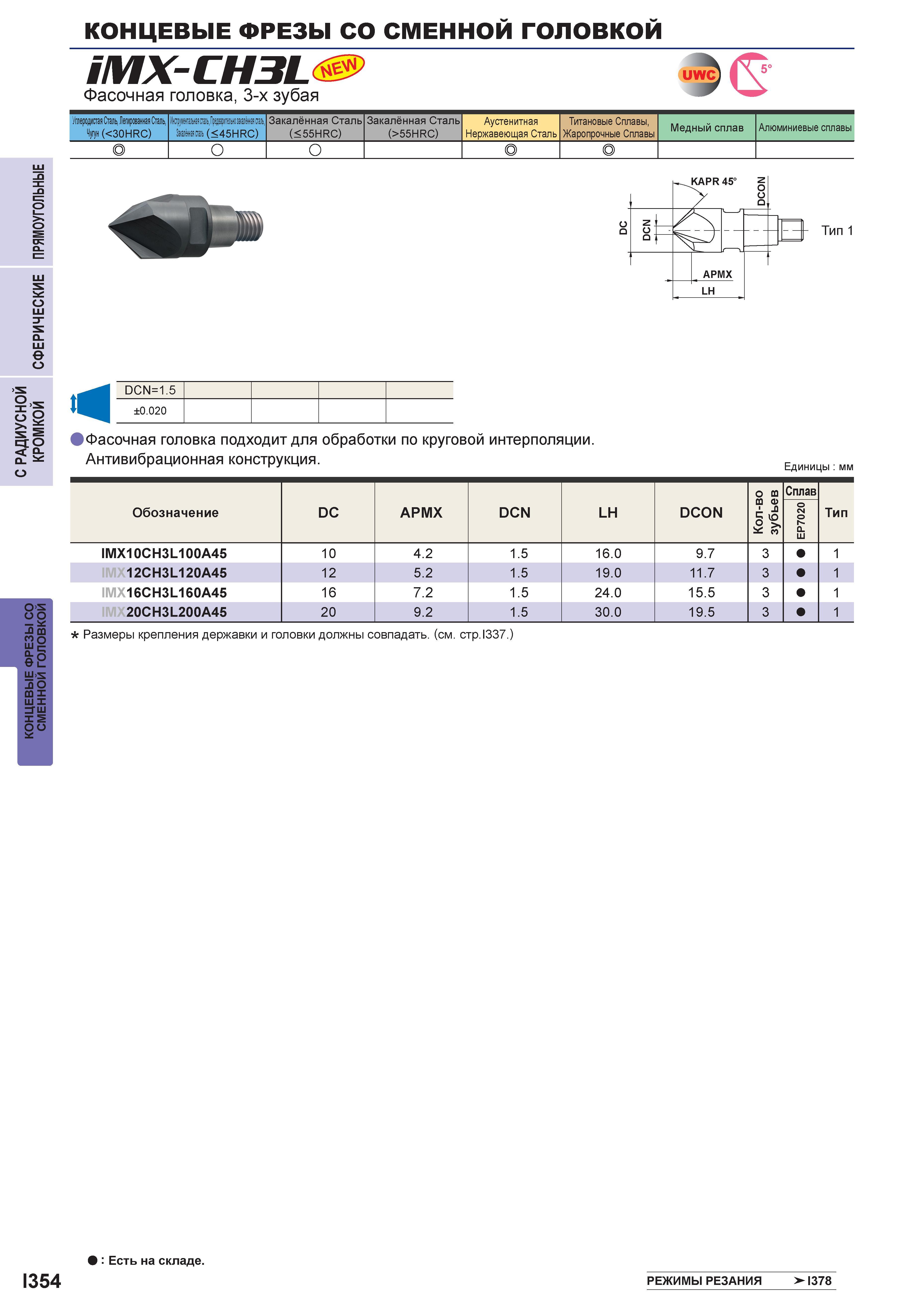 906 Концевые фрезы со сменной головкой iMX-CH3L Фасочная головка, 3-х зубая UW ( Углеродистая Сталь, Легированная сталь Чугун (<30HRC) Инструментальн Каталог MITSUBISHI 2016 Вращающийся и токарный режущий инструмент для металлообработки Сменные твердосплавные пластины Резцы Фрезы сборные и монолитные Сверла Стр. I354