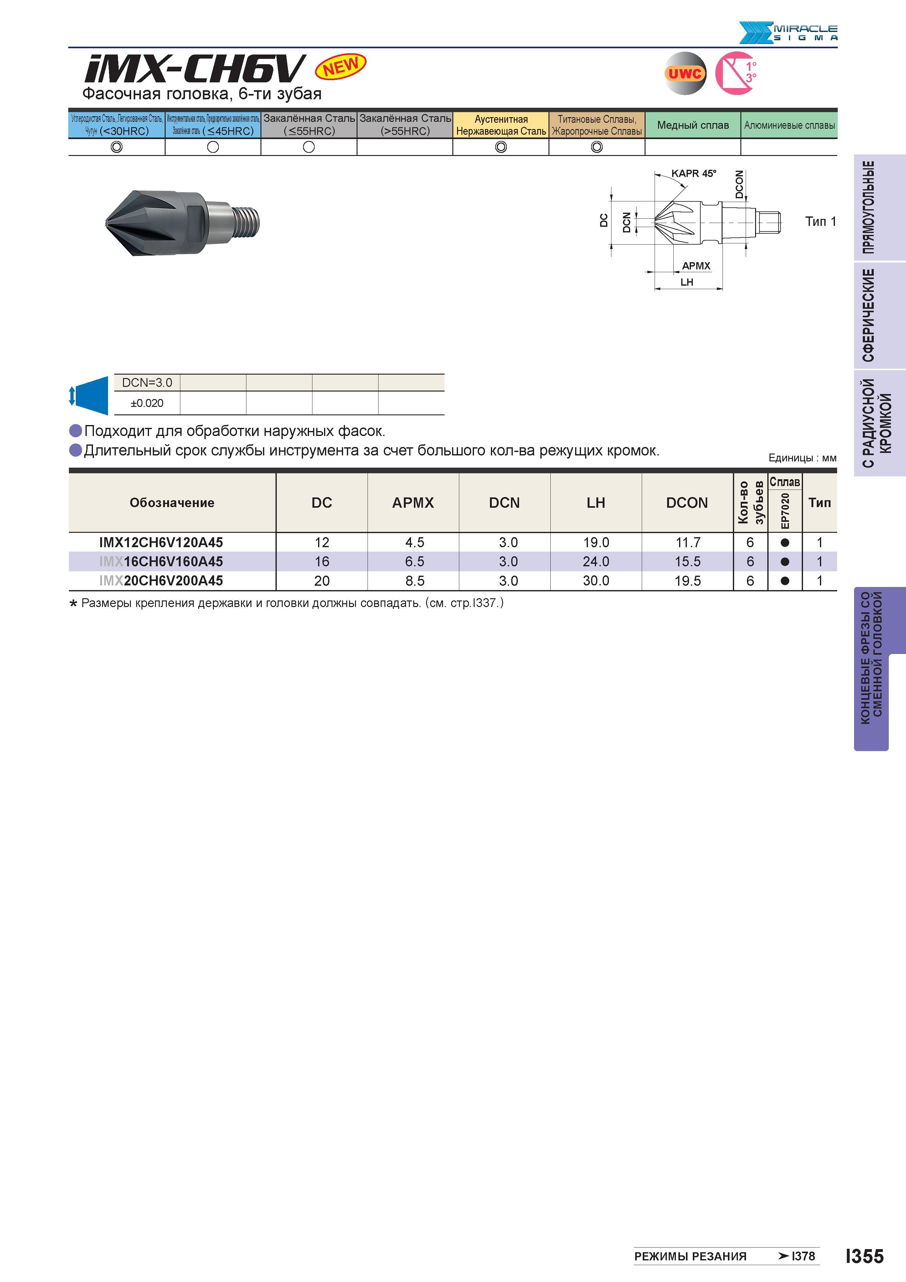 907 iMX-CH6V Фасочная головка, 6-ти зубая UW 3° 1\Л1ИДО Е SIGMA Углеродистая Сталь,Легированная Сталь, Чугун (<30HRC) Зиёвш (< 45HRC) Закалённая Стал Каталог MITSUBISHI 2016 Вращающийся и токарный режущий инструмент для металлообработки Сменные твердосплавные пластины Резцы Фрезы сборные и монолитные Сверла Стр. I355