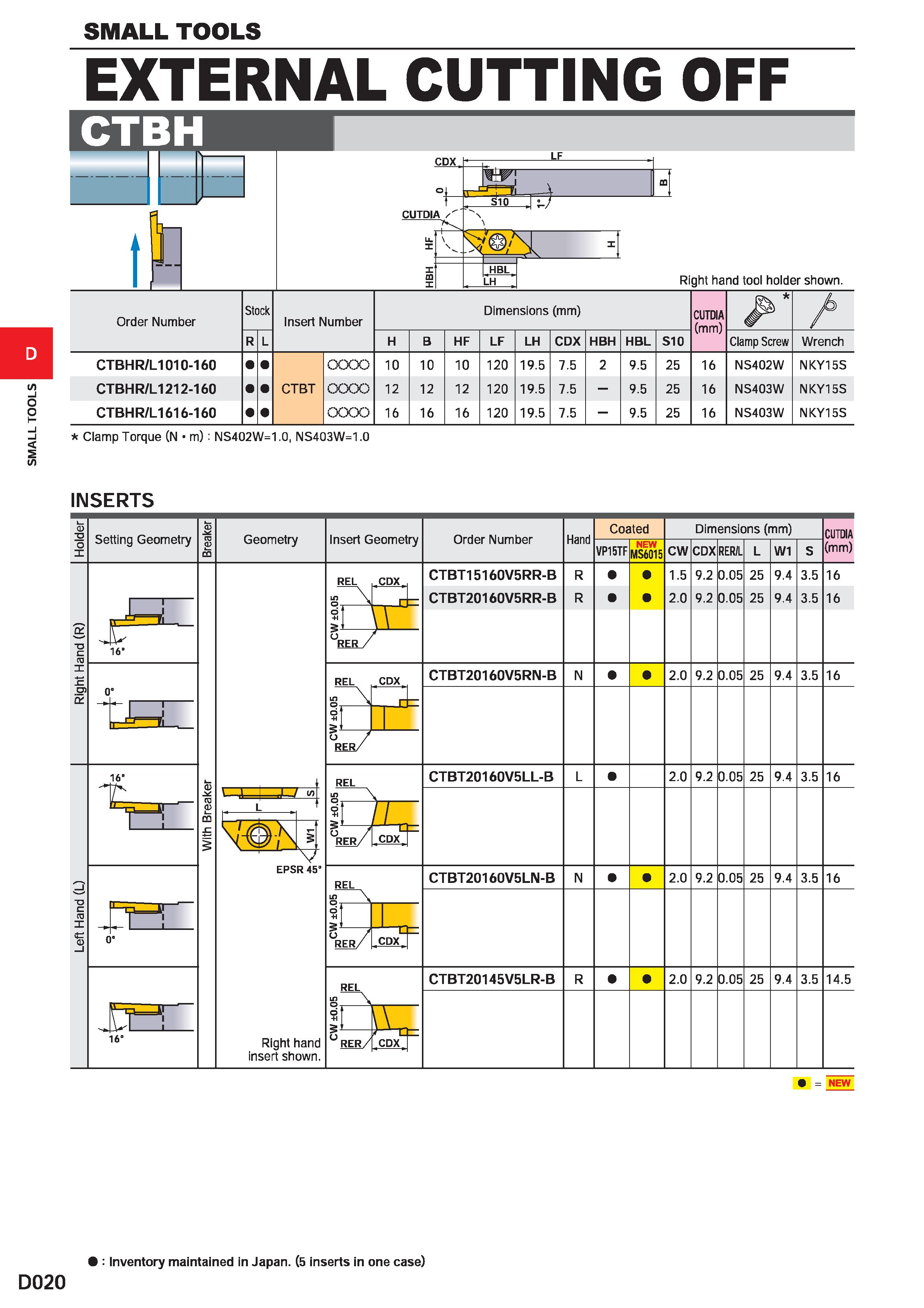 368 SMALL TOOLS SMALL TOOLS EXTERNAL CUTTING OFF H- II I CDX CUTDIA LF H-= \ \ X HBL LH Right hand tool holder shown Order Number Stock Insert Number Каталог MITSUBISHI 2020 Режущий инструмент для станков по металлу Фрезы концевые монолитные из твердого сплава и сборные со сменными режущими пластинами Резцы Сверла Стр. D020