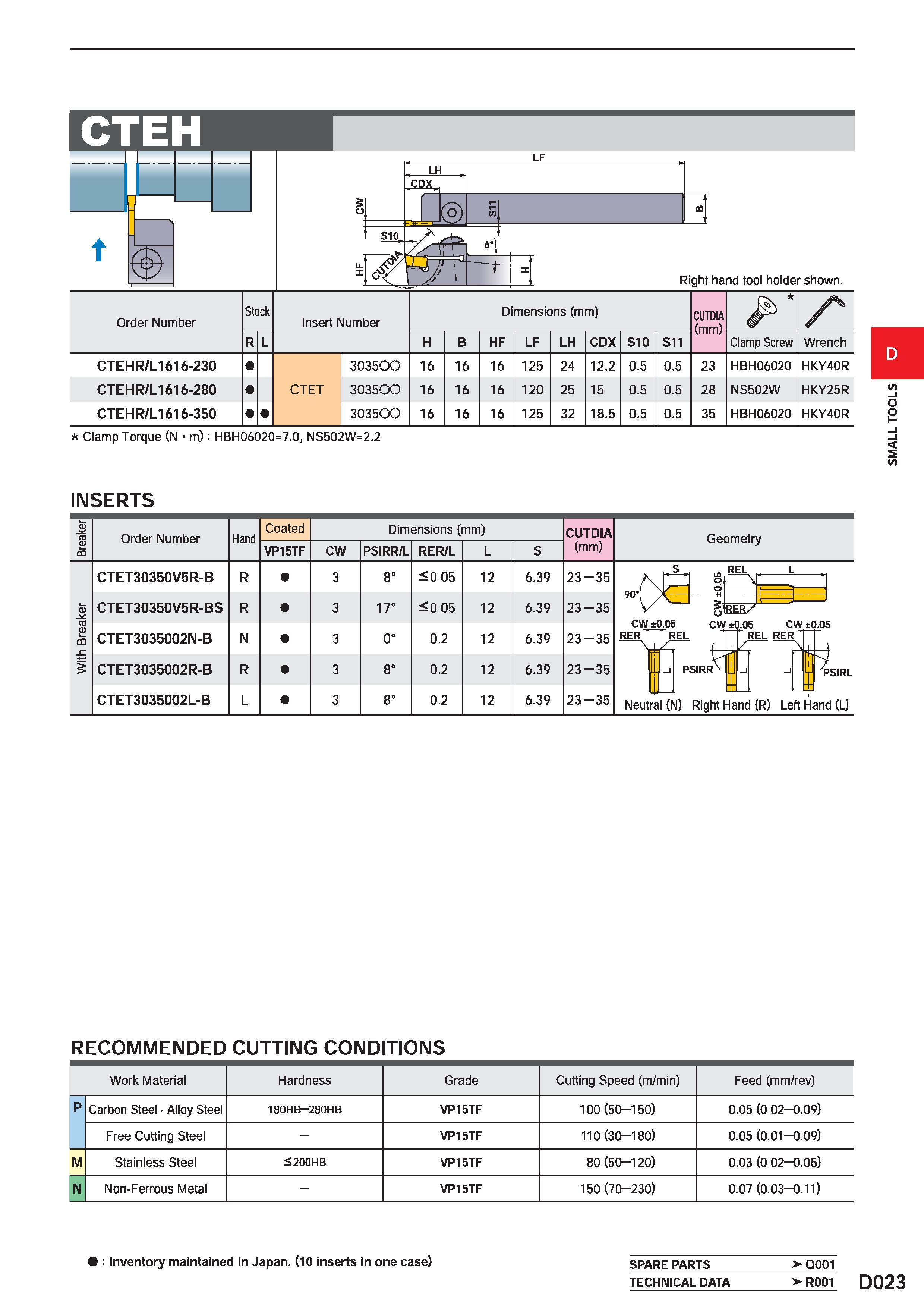 371 Right hand tool holder shown Order Number Stock Insert Number Dimensions (mm) CUTDIA (mm) Xs R L H B HF LF LH CDX S10 S11 Clamp Screw Wrench CTEH Каталог MITSUBISHI 2020 Режущий инструмент для станков по металлу Фрезы концевые монолитные из твердого сплава и сборные со сменными режущими пластинами Резцы Сверла Стр. D023