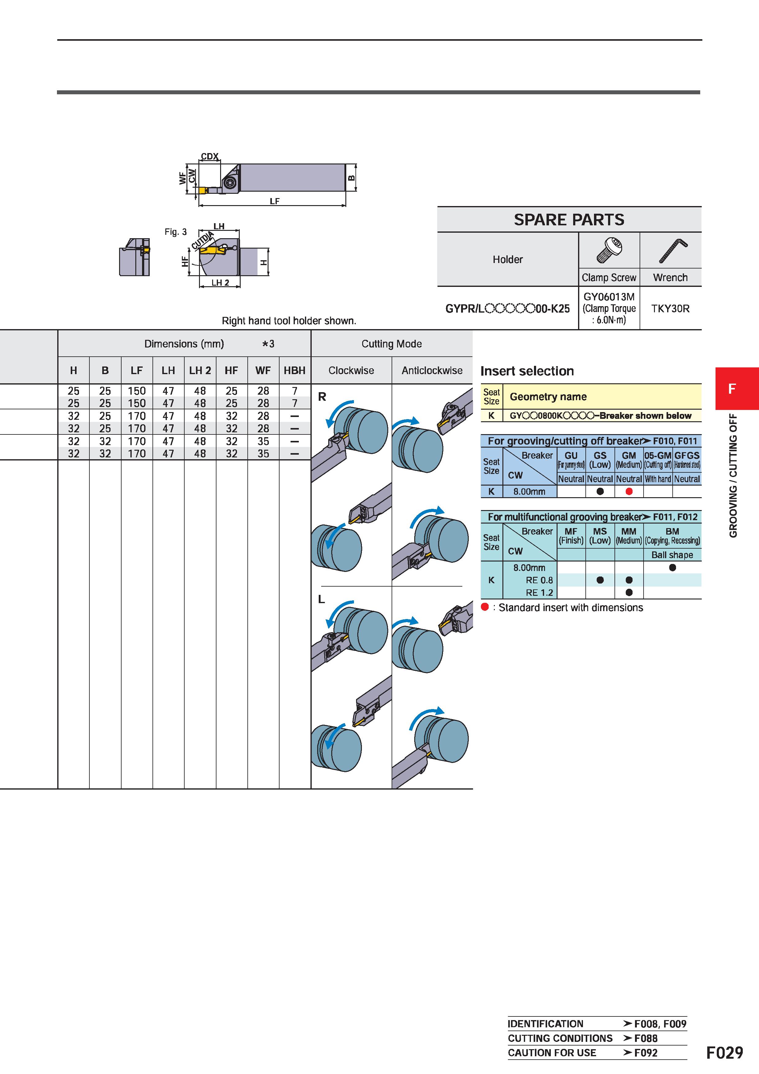 453 g u m as LF Right hand tool holder shown SPARE PARTS Holder P r Clamp Screw Wrench GYPR/LCOCOO00-K25 GY06013M (Clamp Torque : 6 0N-m) TKY30R Dime Каталог MITSUBISHI 2020 Режущий инструмент для станков по металлу Фрезы концевые монолитные из твердого сплава и сборные со сменными режущими пластинами Резцы Сверла Стр. F029
