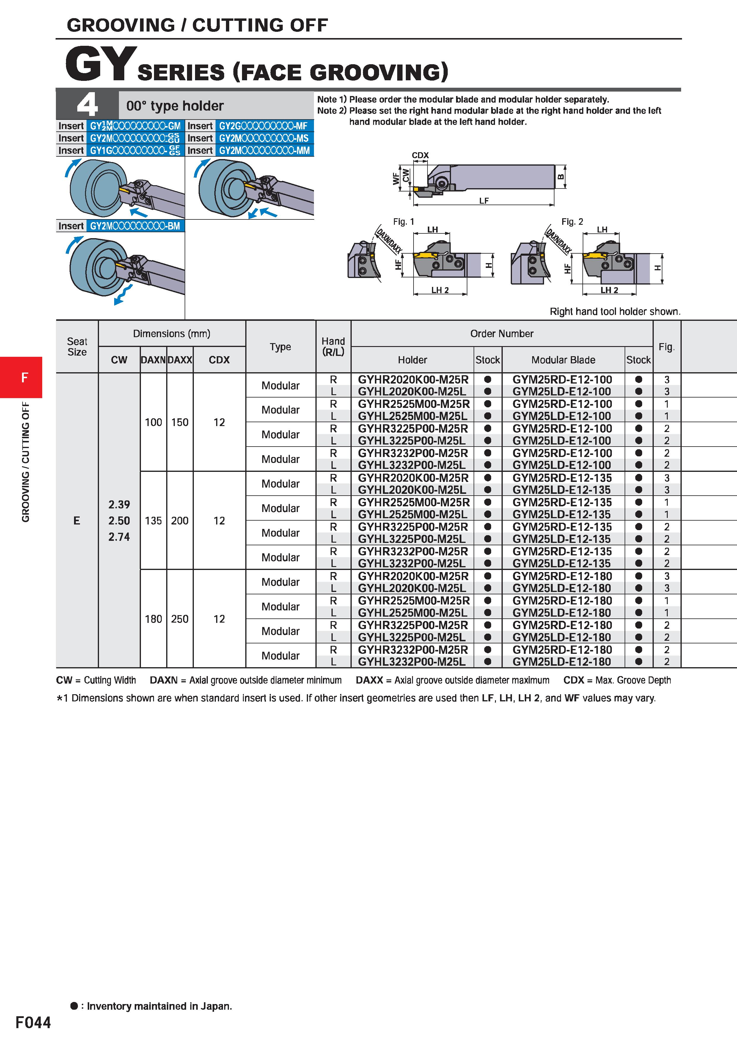 468 GROOVING / CUTTING OFF GY SERIES (FACE GROOVING) Note 1) Please order the modular blade and modular holder separately Note 2) Please set the righ Каталог MITSUBISHI 2020 Режущий инструмент для станков по металлу Фрезы концевые монолитные из твердого сплава и сборные со сменными режущими пластинами Резцы Сверла Стр. F044