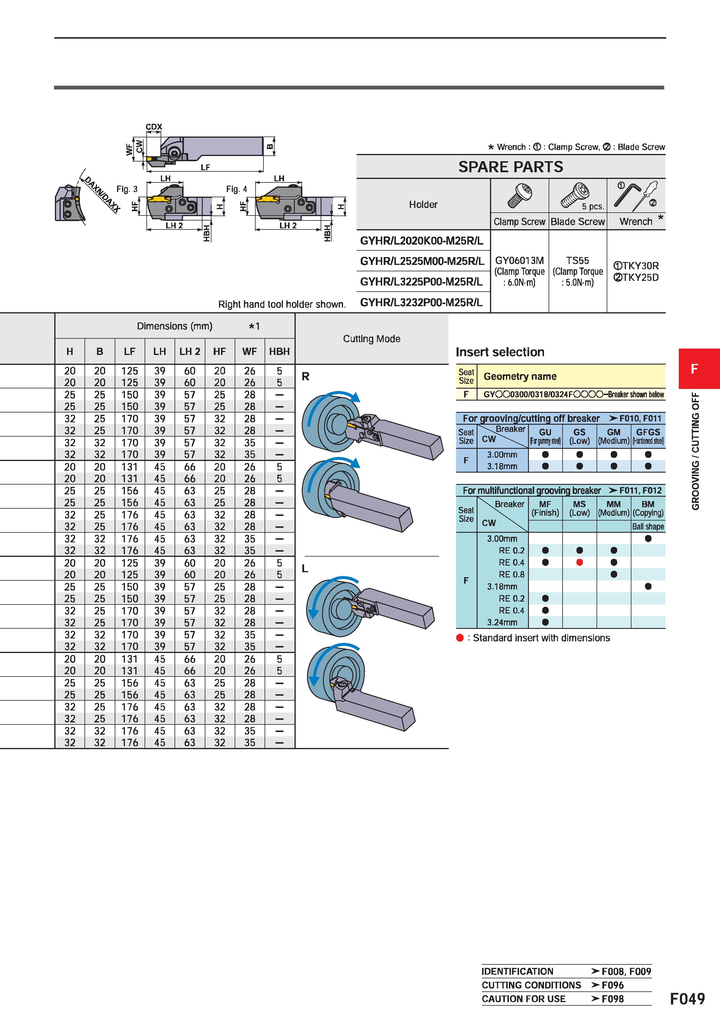 473 CDX Wrench : : Clamp Screw, (2): Blade Screw SPARE PARTS % egg Right hand tool holder shown Dimensions (mm) 1 Cutting Mode H B LF LH LH 2 HF WF H Каталог MITSUBISHI 2020 Режущий инструмент для станков по металлу Фрезы концевые монолитные из твердого сплава и сборные со сменными режущими пластинами Резцы Сверла Стр. F049