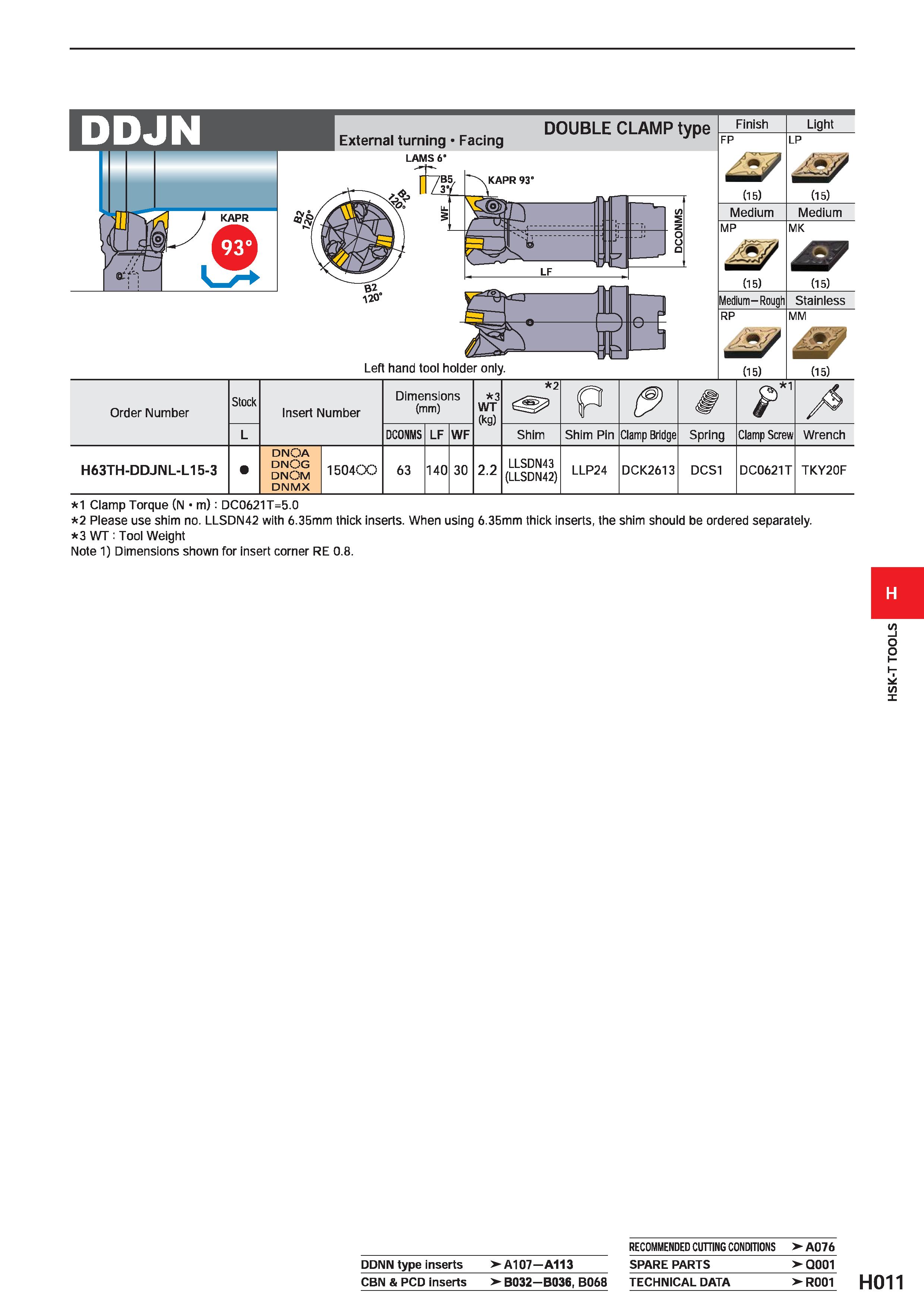 603 Left hand tool holder only Finish FP (15) Medium MP JS (15) Medium-Rough Light LP (15) Medium MK (15) Stainless MM & (15) Order Number Stock Inse Каталог MITSUBISHI 2020 Режущий инструмент для станков по металлу Фрезы концевые монолитные из твердого сплава и сборные со сменными режущими пластинами Резцы Сверла Стр. H011