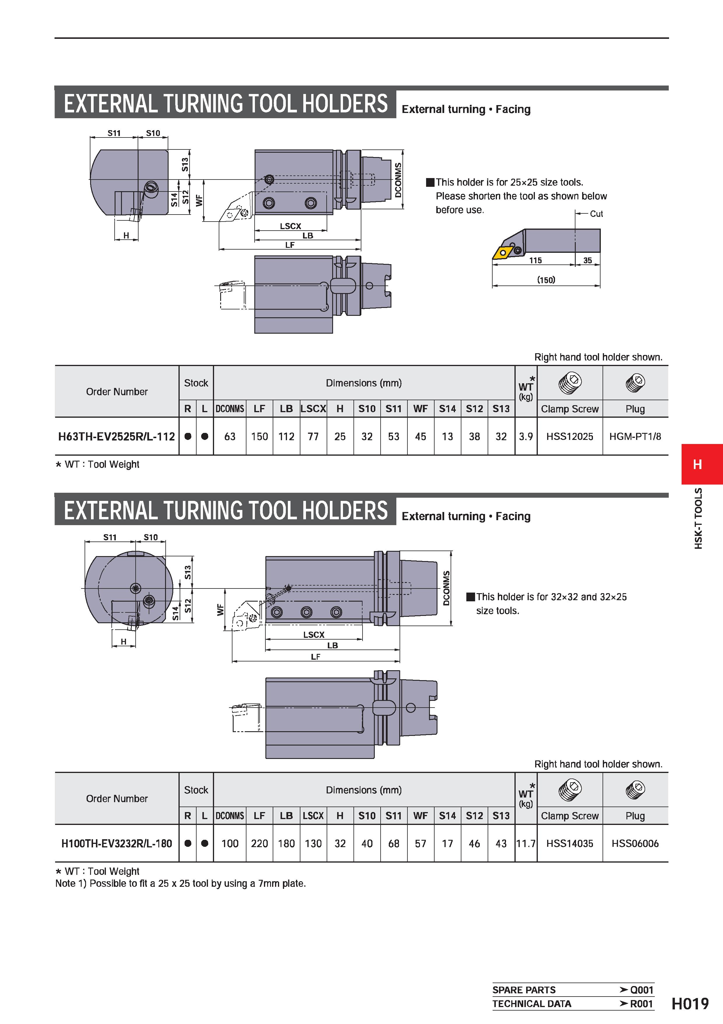611 EXTERNAL TURNING TOOL HOLDERS External turning Facing IThis holder is for 25x25 size tools Please shorten the tool as shown below Right hand tool Каталог MITSUBISHI 2020 Режущий инструмент для станков по металлу Фрезы концевые монолитные из твердого сплава и сборные со сменными режущими пластинами Резцы Сверла Стр. H019