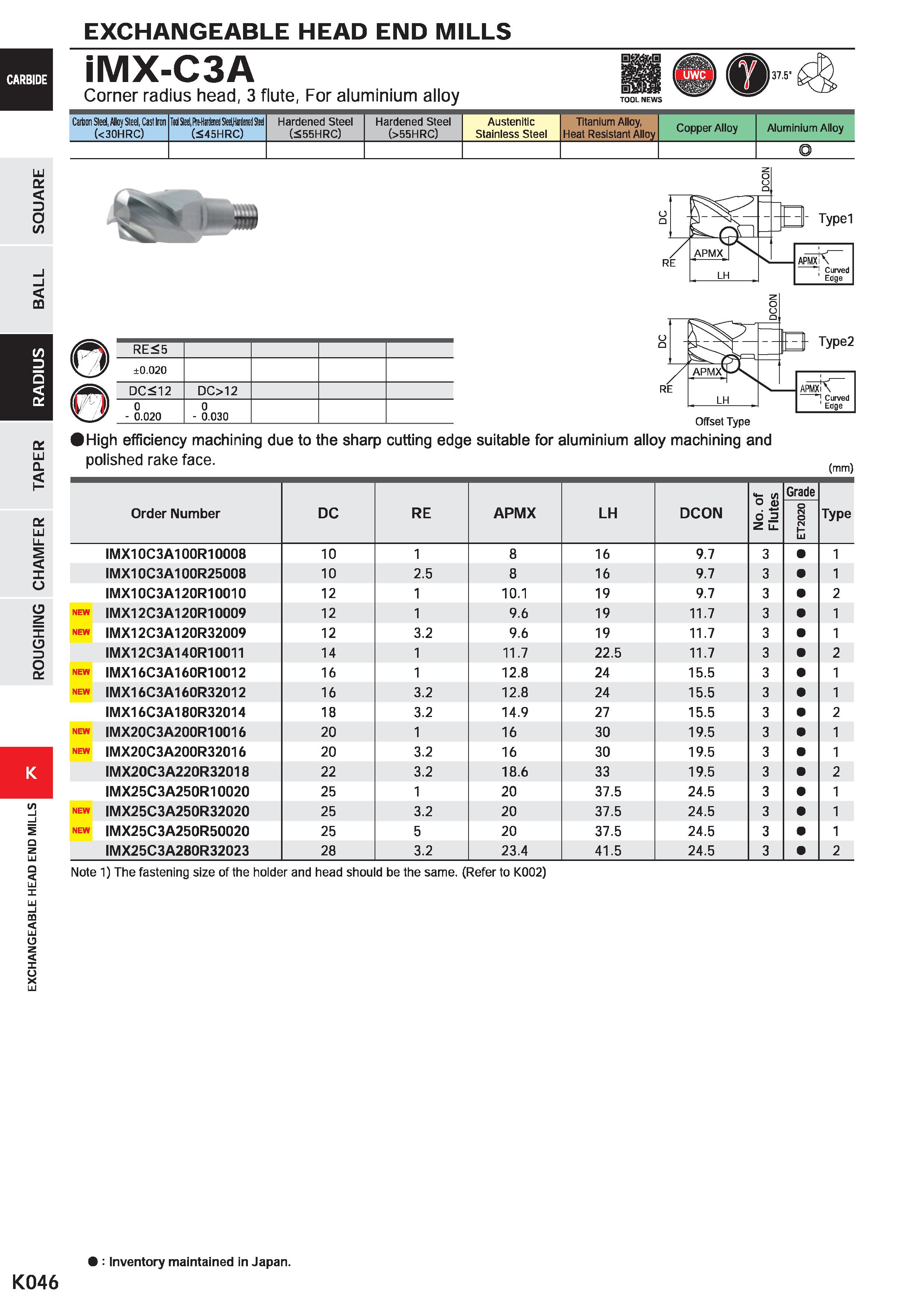 1078 EXCHANGEABLE HEAD END MILLS iMX-C3A Corner radius head, 3 flute, For aluminium alloy Carton Sled, Alloj Steel, Cast Iron (<30HRC) Tid Sltil, UrH Каталог MITSUBISHI 2020 Режущий инструмент для станков по металлу Фрезы концевые монолитные из твердого сплава и сборные со сменными режущими пластинами Резцы Сверла Стр. K046