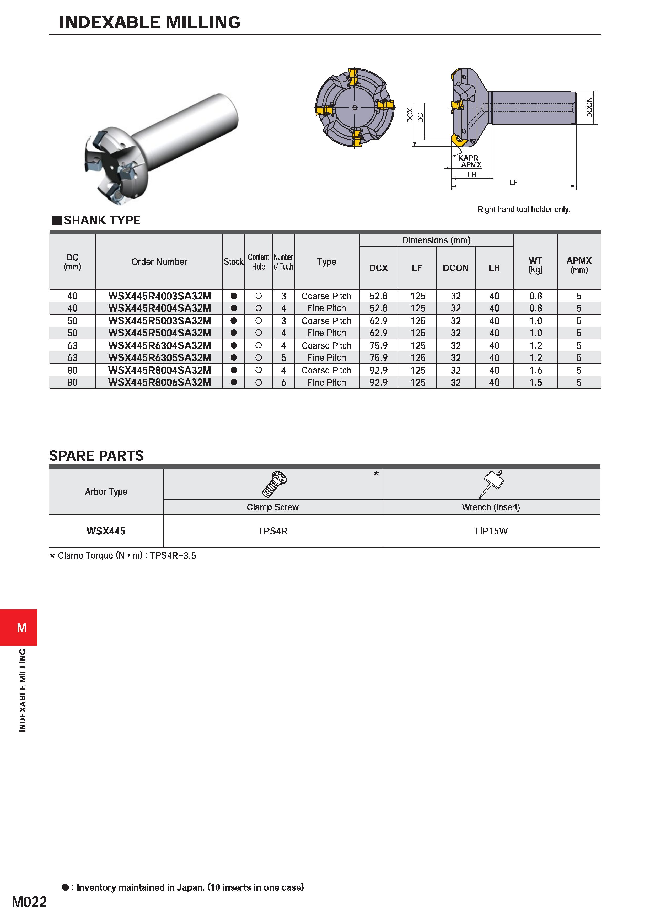 1178 INDEXABLE MILLING INDEXABLE MILLING SHANK TYPE Right hand tool holder only DC (mm) Order Number Stock Coolant Hole Number of Teeth Type Dimension Каталог MITSUBISHI 2020 Режущий инструмент для станков по металлу Фрезы концевые монолитные из твердого сплава и сборные со сменными режущими пластинами Резцы Сверла Стр. M022