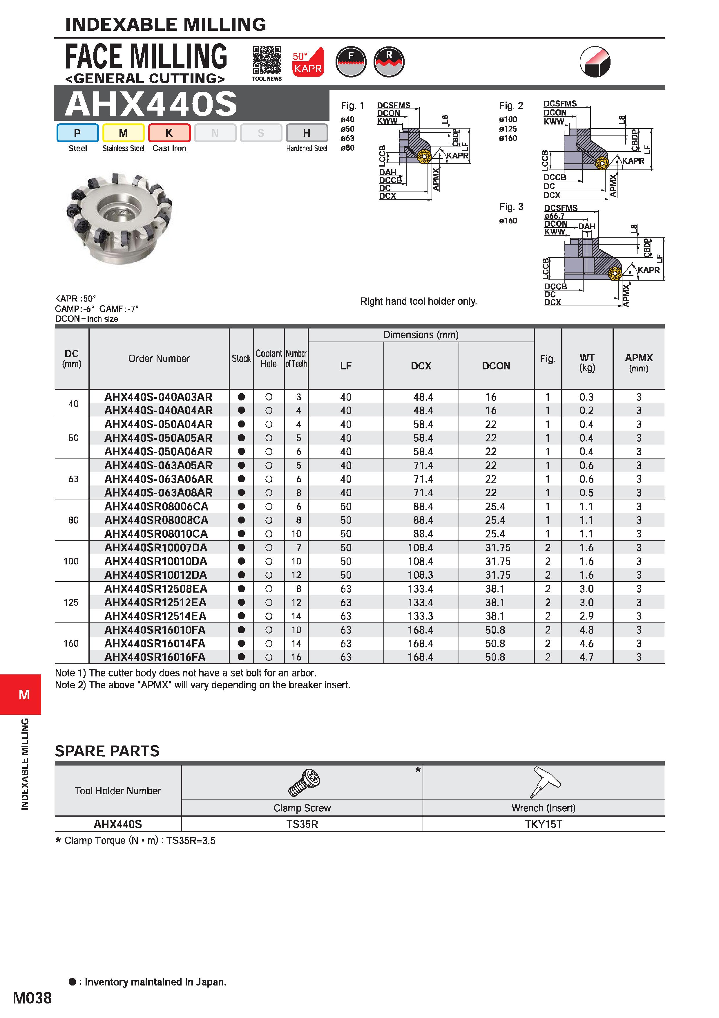 1194 INDEXABLE MILLING INDEXABLE MILLING FACE MILLING GENERAL CUTTING> AHX440S I p I Fig 1 DCSFMS M m Steel Stainless Steel Cast Iron 040 050 063 Hard Каталог MITSUBISHI 2020 Режущий инструмент для станков по металлу Фрезы концевые монолитные из твердого сплава и сборные со сменными режущими пластинами Резцы Сверла Стр. M038