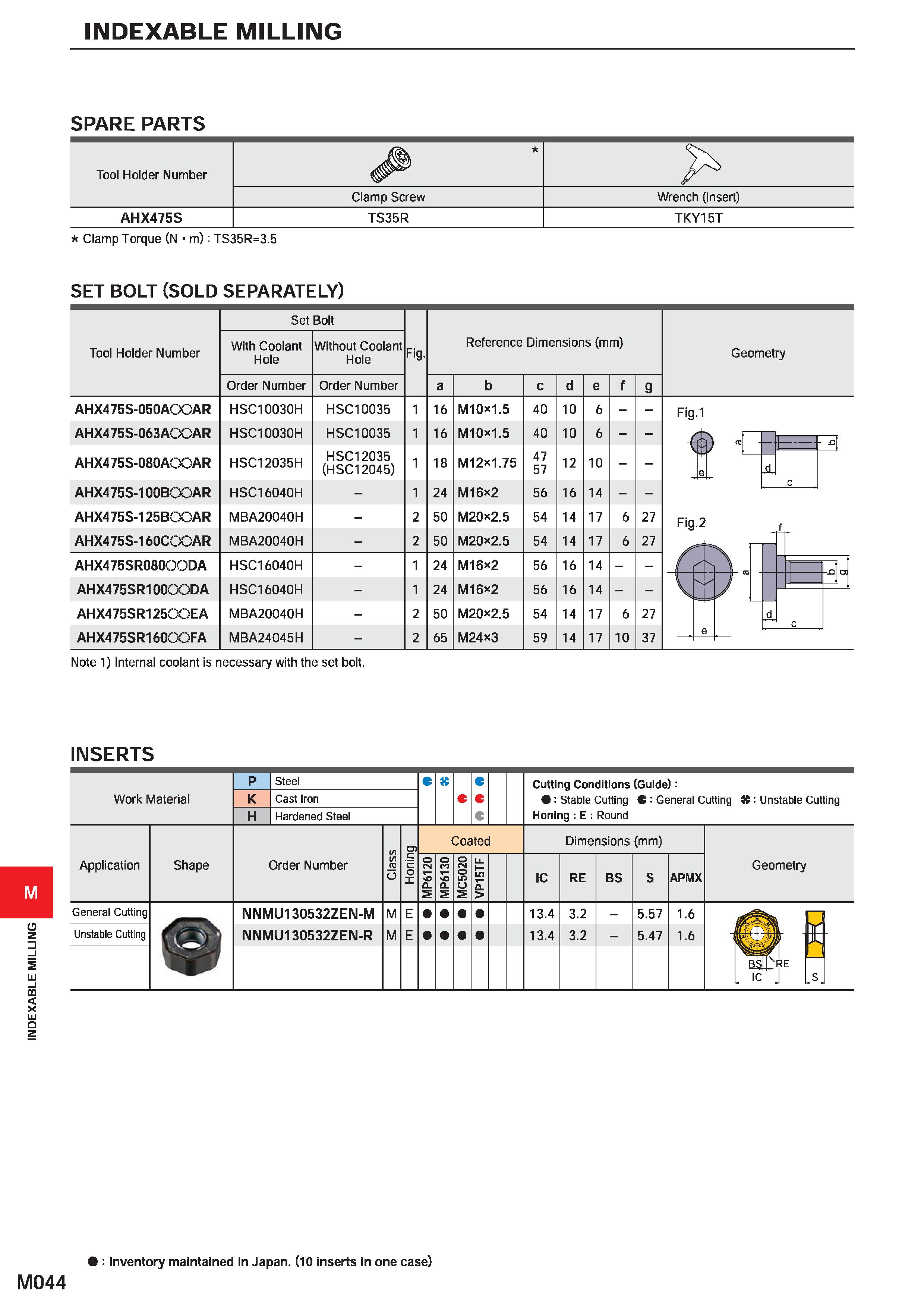 1200 INDEXABLE MILLING INDEXABLE MILLING SPARE PARTS Tool Holder Number 7 Clamp Screw Wrench (Insert) AHX475S TS35R TKY15T Clamp Torque (N m): TS35R=3 Каталог MITSUBISHI 2020 Режущий инструмент для станков по металлу Фрезы концевые монолитные из твердого сплава и сборные со сменными режущими пластинами Резцы Сверла Стр. M044