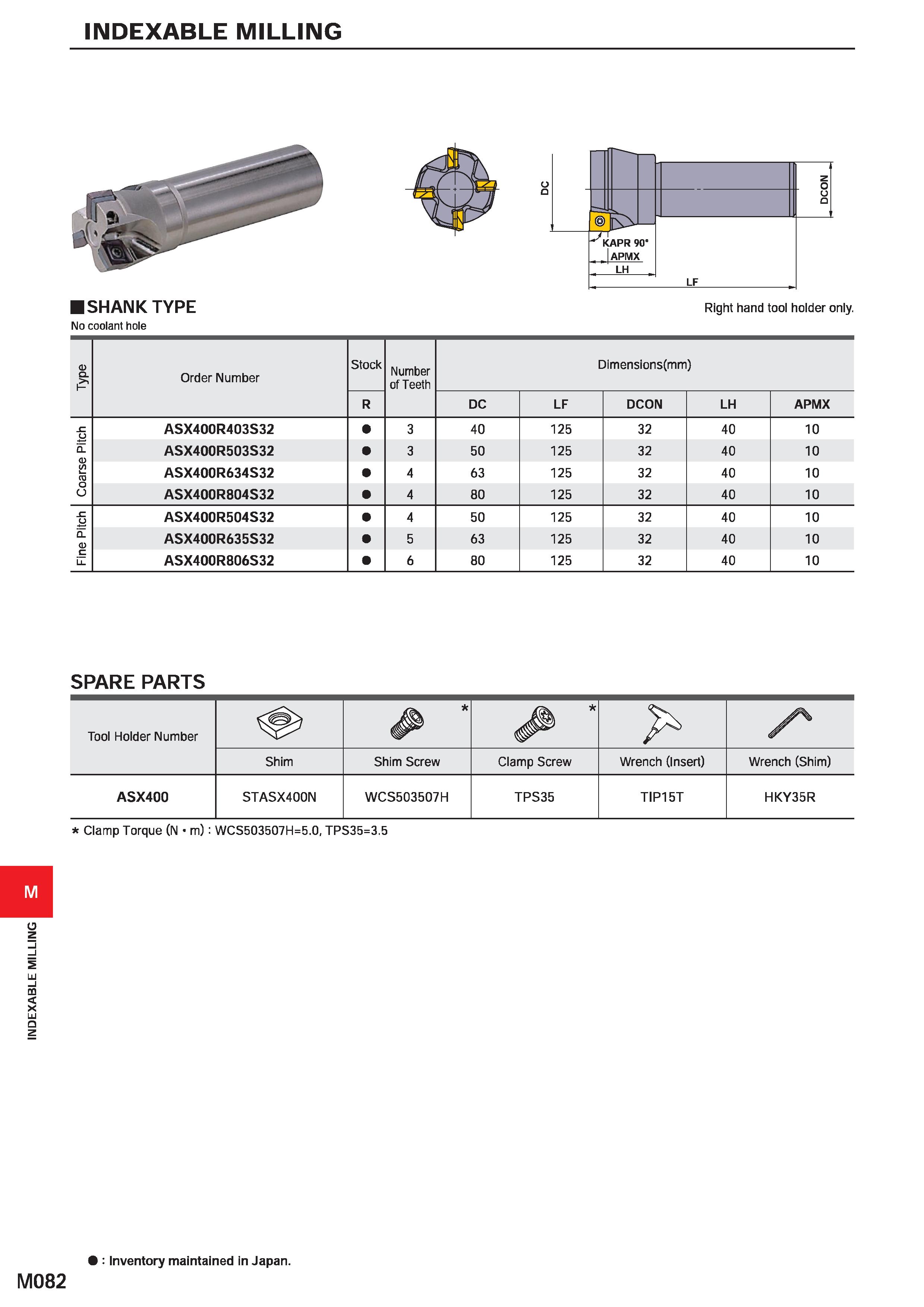 1238 INDEXABLE MILLING INDEXABLE MILLING z O u Q LF APR 90° APMX LH H SHANK TYPE Right hand tool holder only No coolant hole a> a Order Number Stock N Каталог MITSUBISHI 2020 Режущий инструмент для станков по металлу Фрезы концевые монолитные из твердого сплава и сборные со сменными режущими пластинами Резцы Сверла Стр. M082