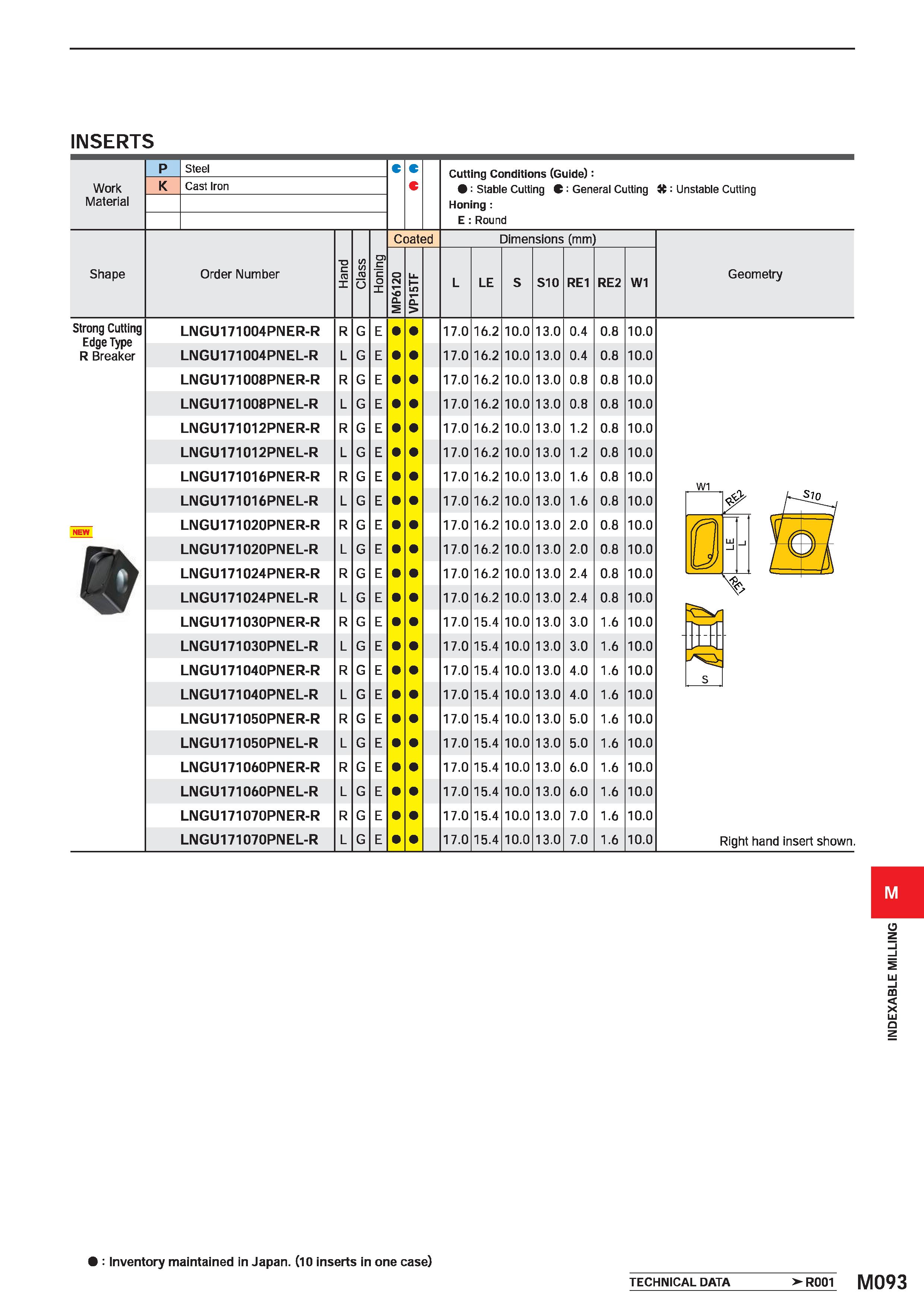 1249 INSERTS p Steel C Cuttinn Cnnriitinns (fUjiripl Work K Cast Iron C Stable Cuttinq C : General Cuttinq Material Honing : E Round Coated Dimensions Каталог MITSUBISHI 2020 Режущий инструмент для станков по металлу Фрезы концевые монолитные из твердого сплава и сборные со сменными режущими пластинами Резцы Сверла Стр. M093